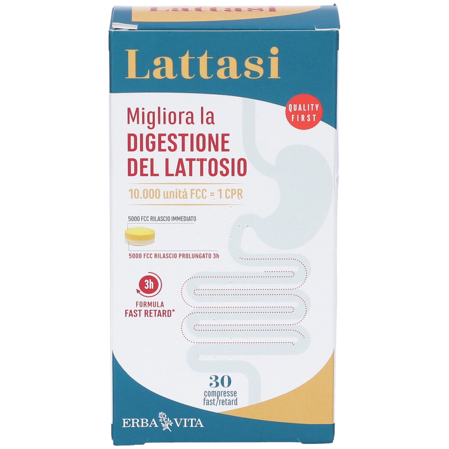 Schachtel LATTASI. Aufschrift: 'Migliora la digestione del lattosio'. Enthält 30 Tabletten. Marke: Erba Vita.