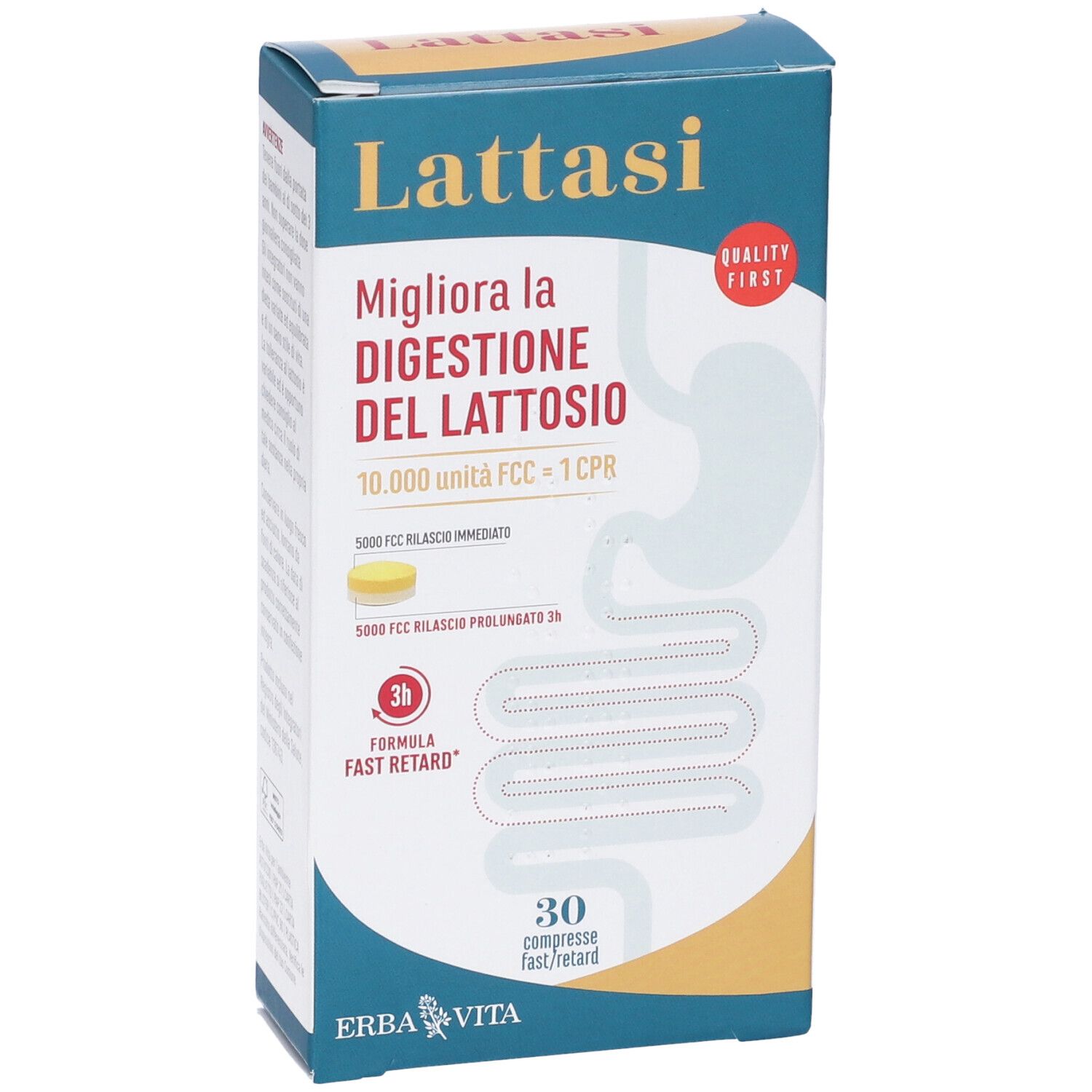 Schachtel LATTASI. Aufschrift: 'Migliora la digestione del lattosio'. Enthält 30 Tabletten. Marke: Erba Vita.