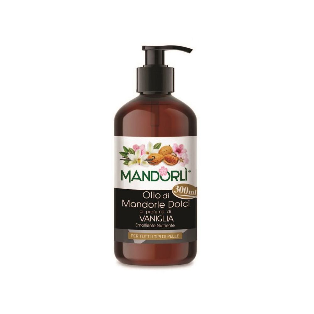 Flacon marron avec pompe noire. Inscription : MANDORLÌ, Olio di Mandorle Dolci al profumo di VANIGLIA. 300ml.