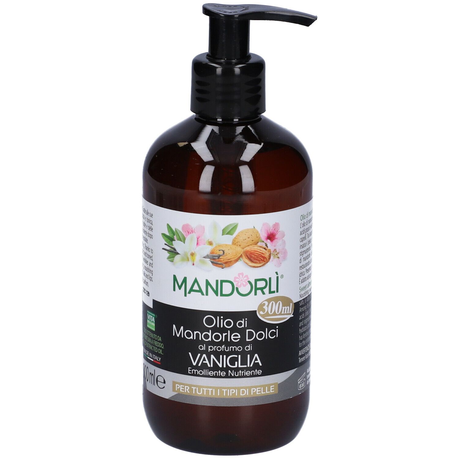 Flacon marron avec pompe noire. Inscription : MANDORLÌ, Olio di Mandorle Dolci al profumo di VANIGLIA. 300ml.