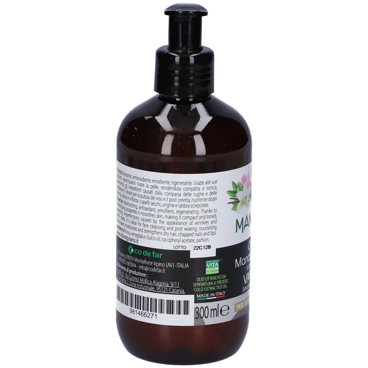 Flacon marron avec pompe noire. Inscription : MANDORLÌ, Olio di Mandorle Dolci al profumo di VANIGLIA. 300ml.