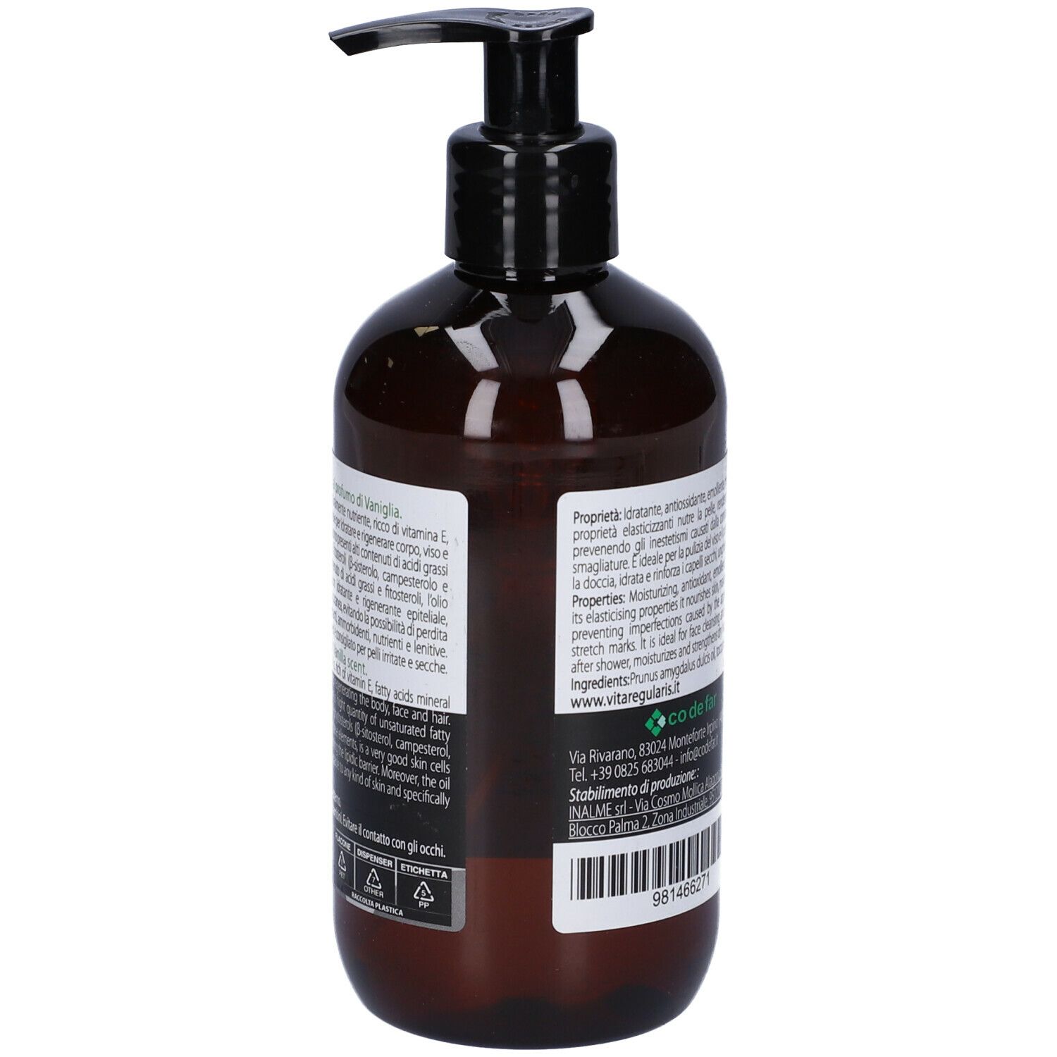 Flacon marron avec pompe noire. Inscription : MANDORLÌ, Olio di Mandorle Dolci al profumo di VANIGLIA. 300ml.