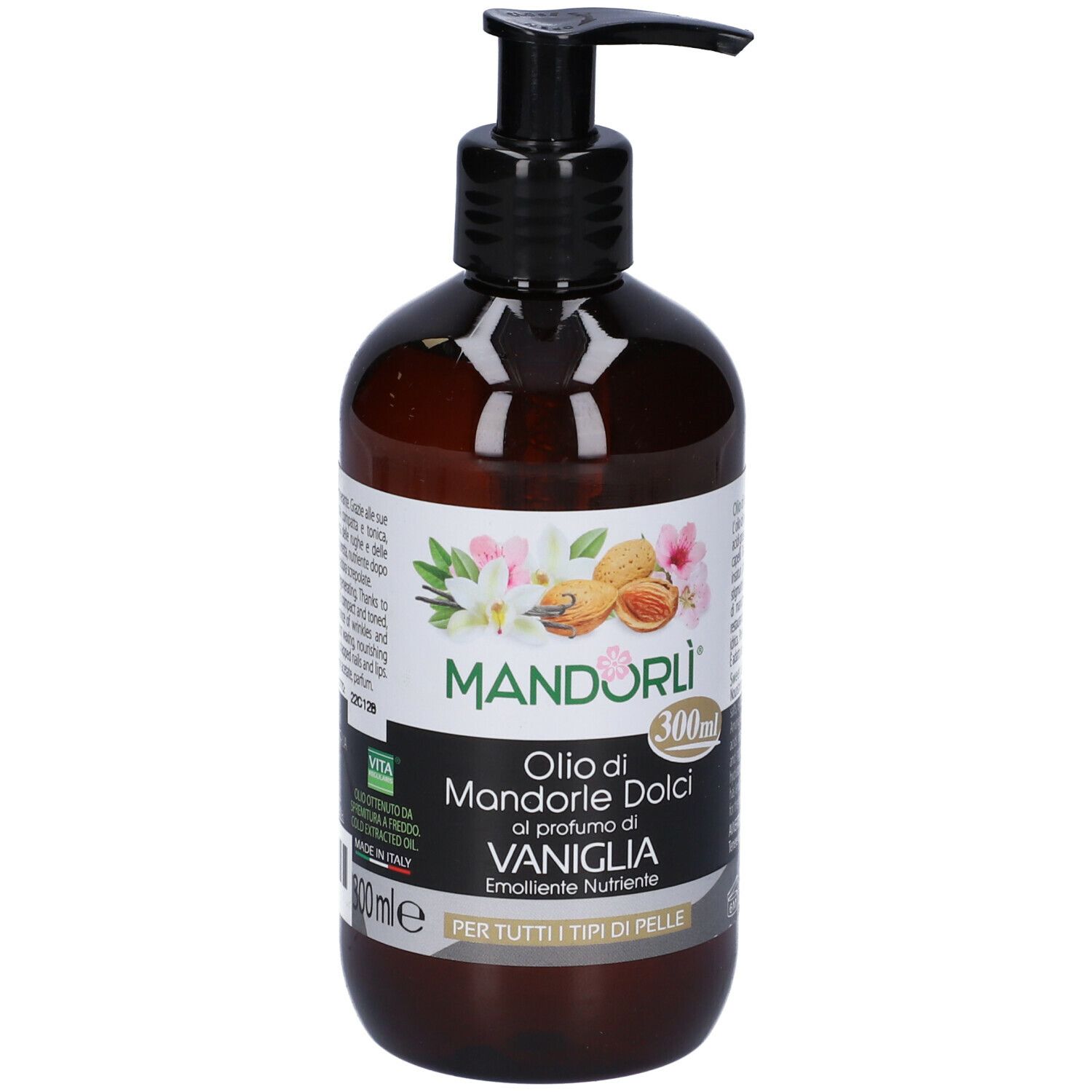 Flacon marron avec pompe noire. Inscription : MANDORLÌ, Olio di Mandorle Dolci al profumo di VANIGLIA. 300ml.