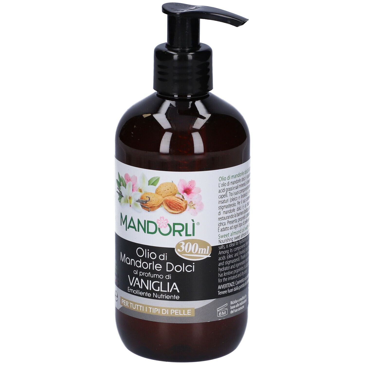 Flacon marron avec pompe noire. Inscription : MANDORLÌ, Olio di Mandorle Dolci al profumo di VANIGLIA. 300ml.