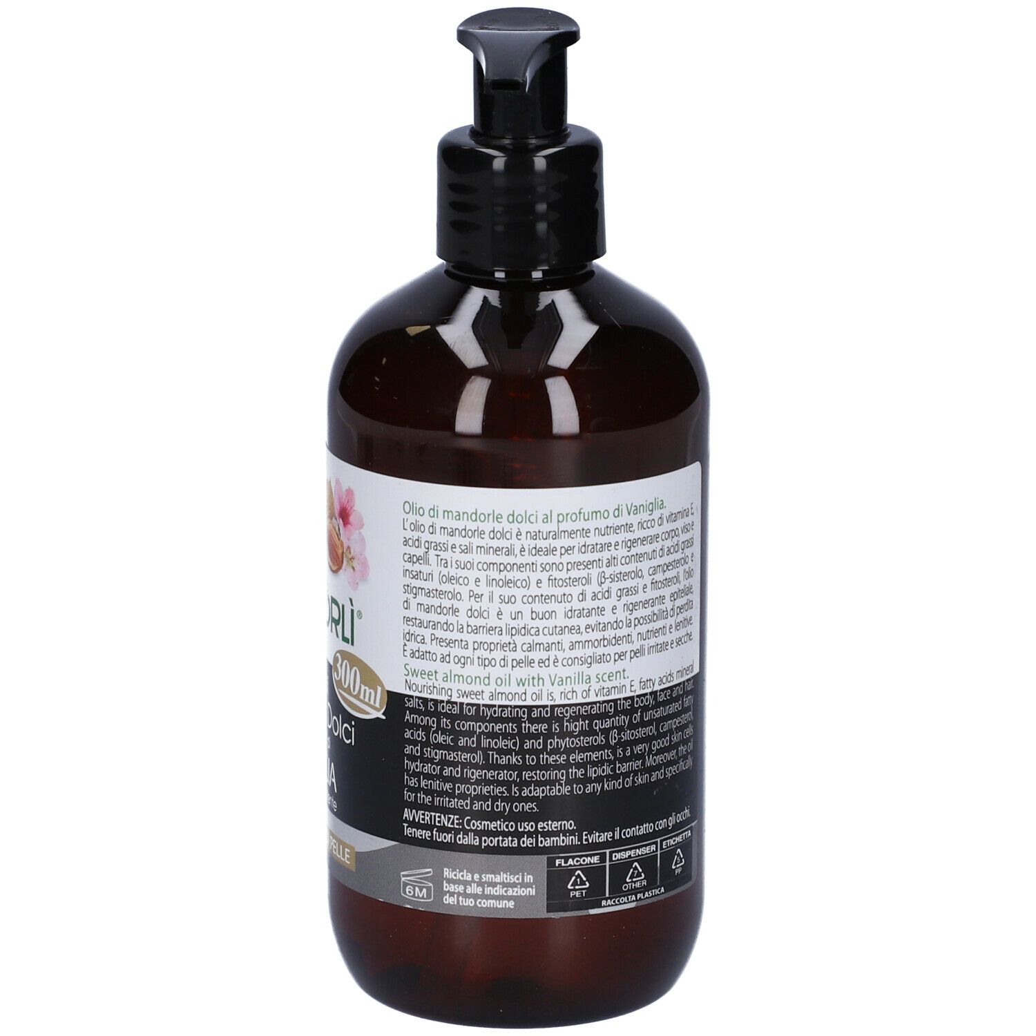 Flacon marron avec pompe noire. Inscription : MANDORLÌ, Olio di Mandorle Dolci al profumo di VANIGLIA. 300ml.