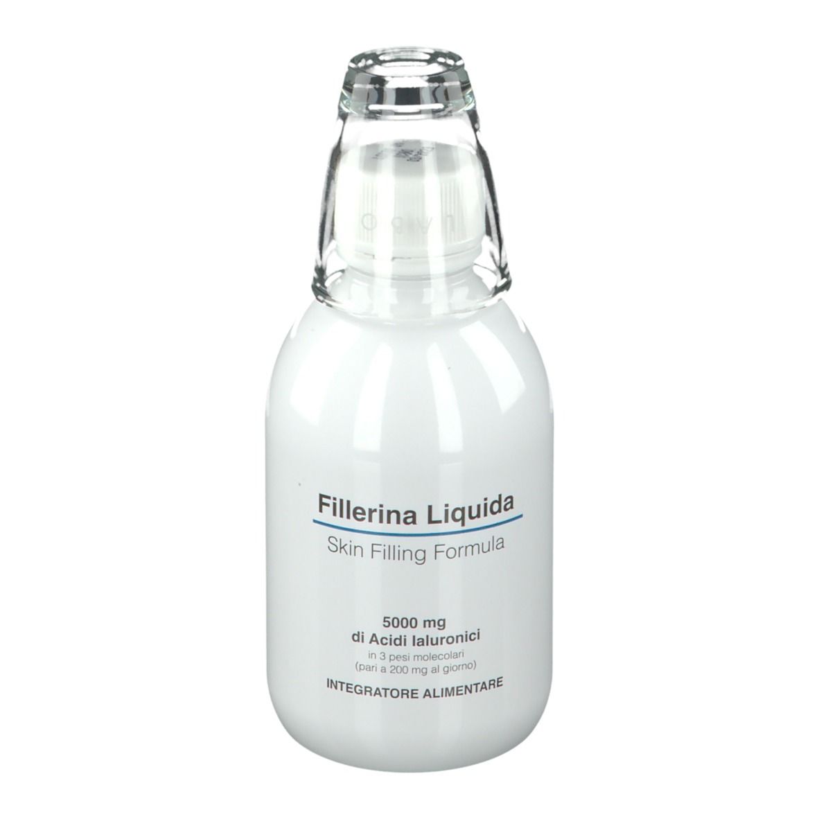 Flacon blanc avec bouchon en verre. Inscription : Fillerina Liquida, Skin Filling Formula. Contient de l'acide hyaluronique.