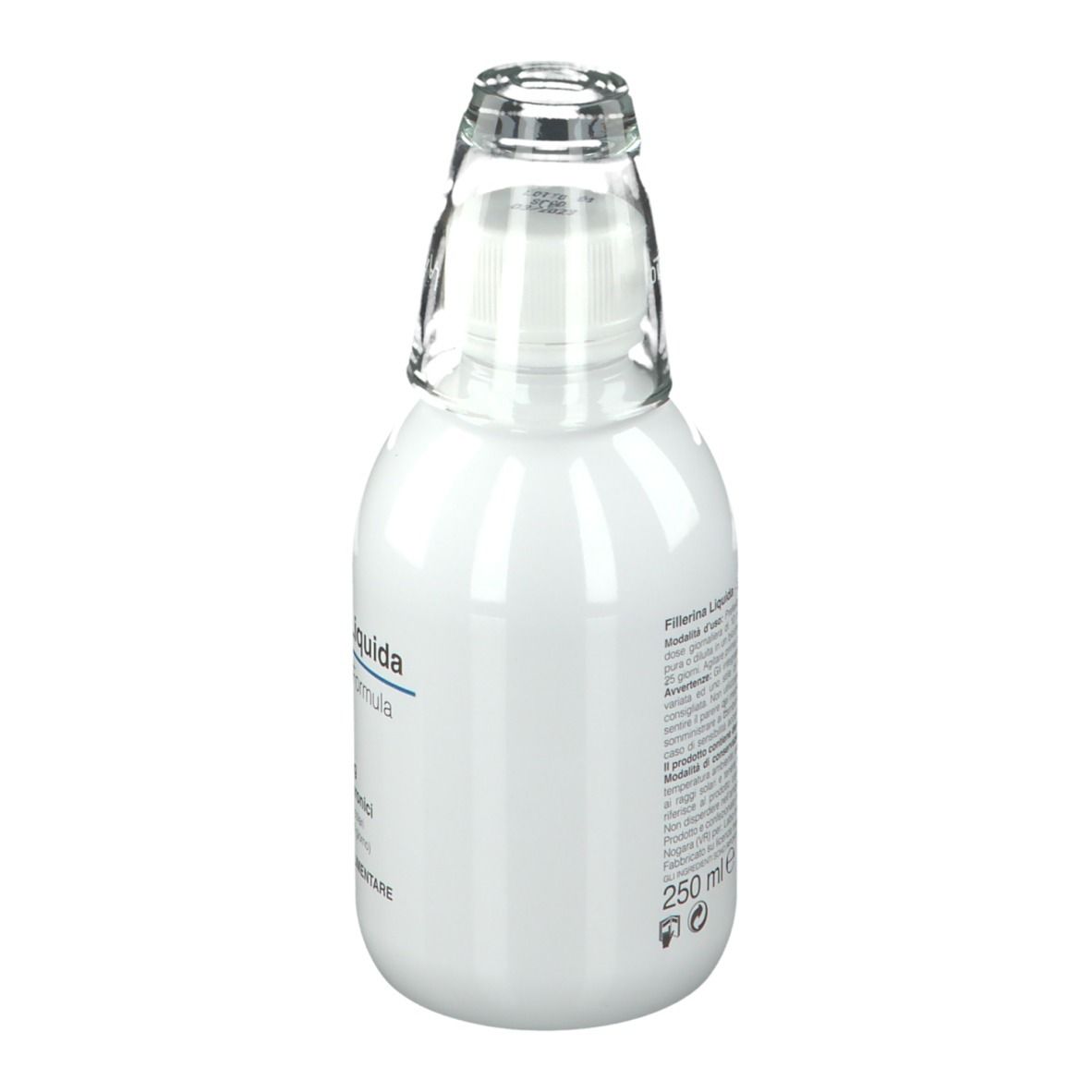 Flacon blanc avec bouchon en verre. Inscription : Fillerina Liquida. Informations produit au dos.
