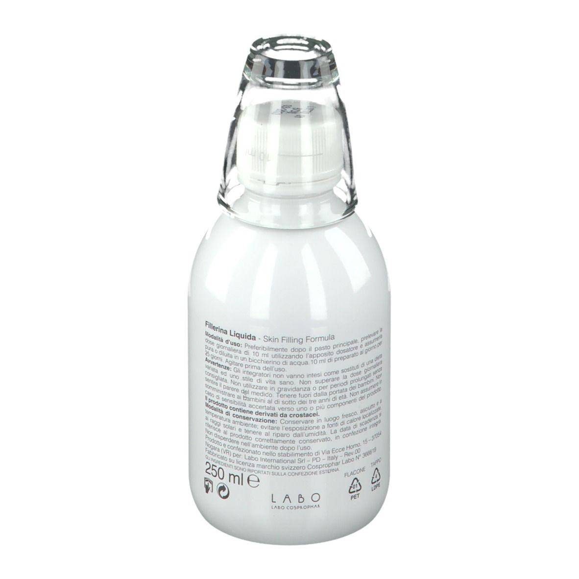 Flacon blanc avec bouchon en verre. Informations produit au dos et indication 250 ml.