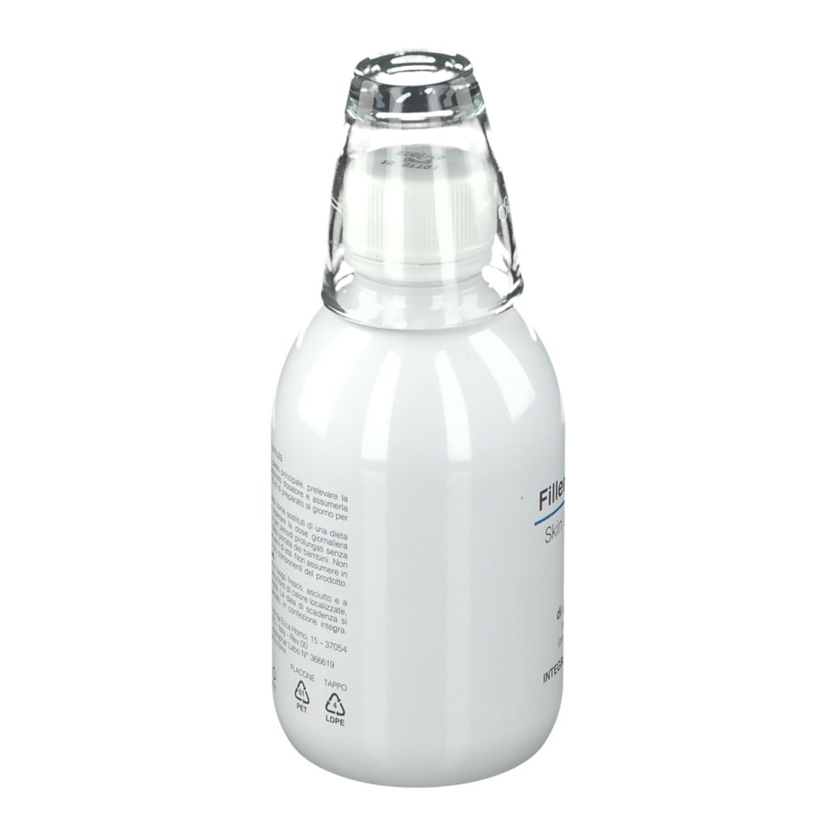 Flacon blanc avec bouchon en verre. Informations produit au dos. Symboles de recyclage.
