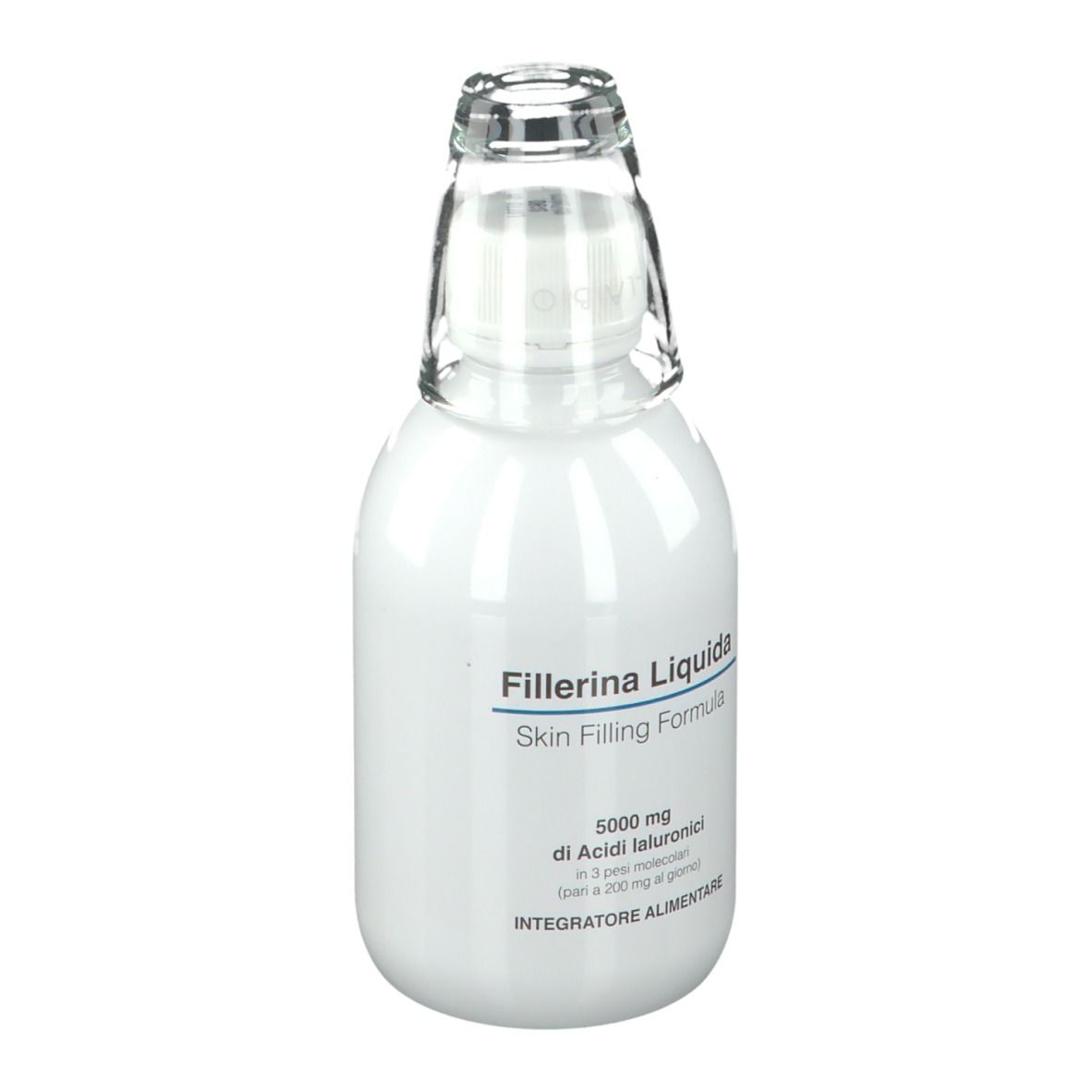 Flacon blanc avec bouchon en verre. Inscription : Fillerina Liquida, Skin Filling Formula. Contient de l'acide hyaluronique.