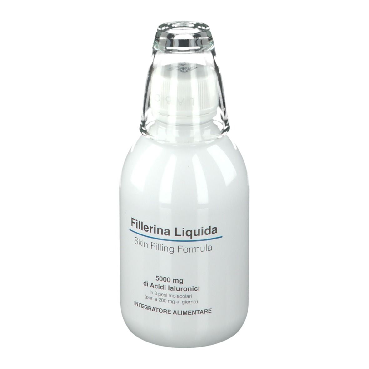 Flacon blanc avec bouchon en verre. Inscription : Fillerina Liquida, Skin Filling Formula. Contient de l'acide hyaluronique.