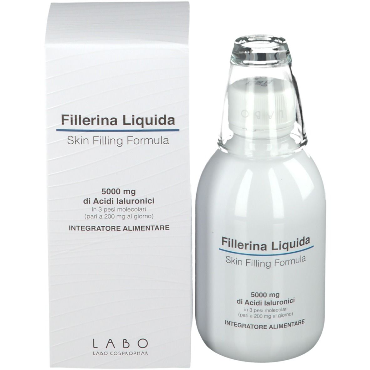 Produit et emballage. Flacon blanc avec bouchon en verre et boîte. Inscription : Fillerina Liquida.