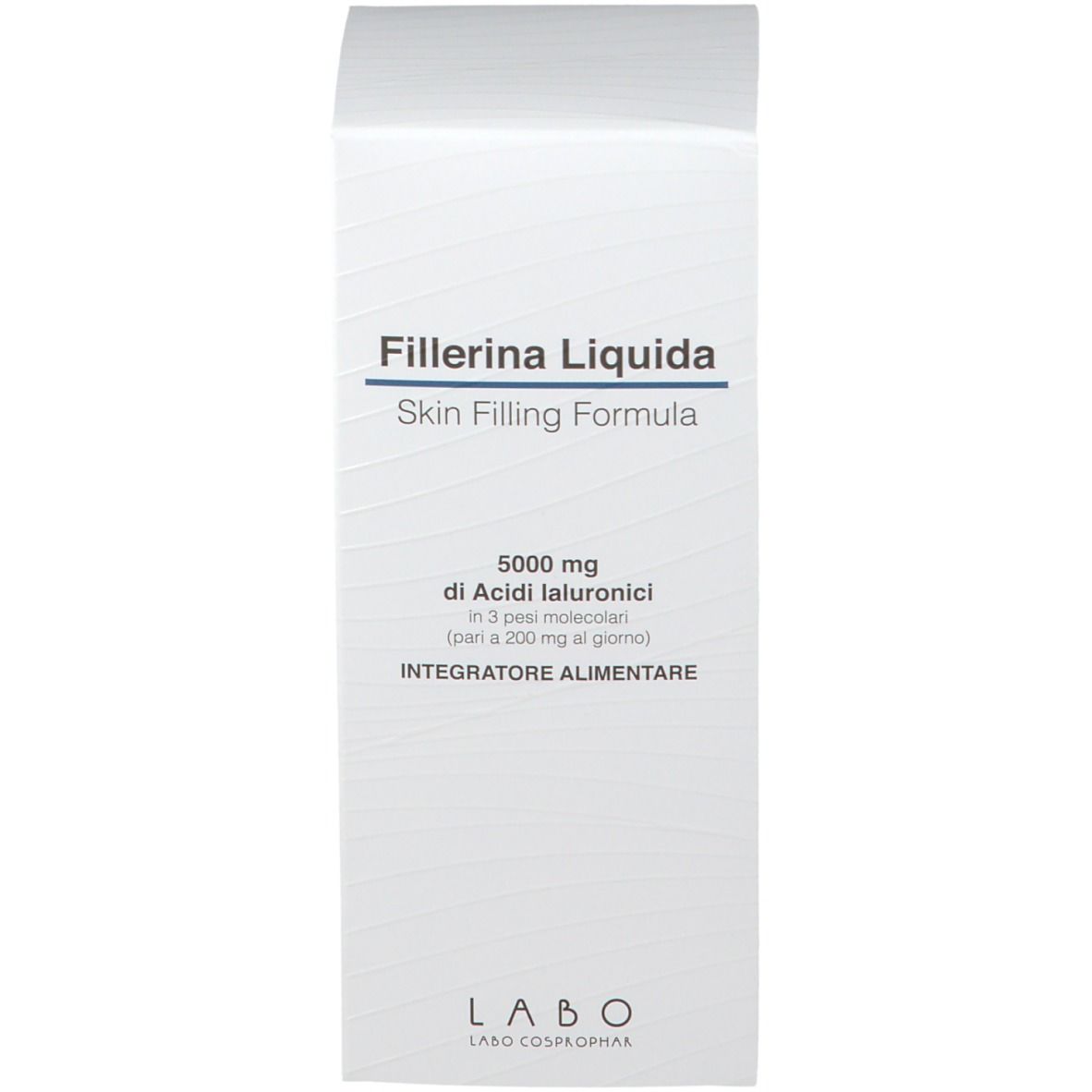 Emballage blanc du produit. Inscription : Fillerina Liquida, Skin Filling Formula. Contient de l'acide hyaluronique.