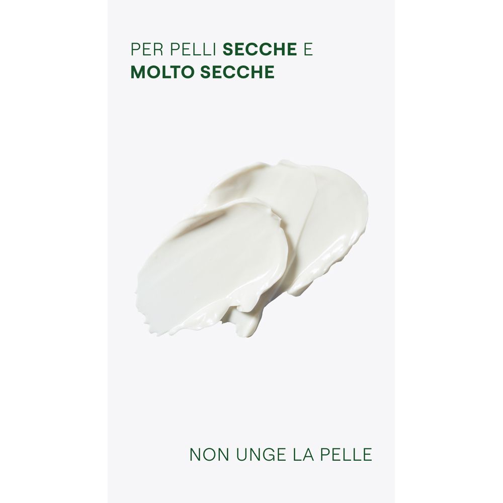 Gros plan de crème. Texte : Pour peaux sèches et très sèches. Ne colle pas.
