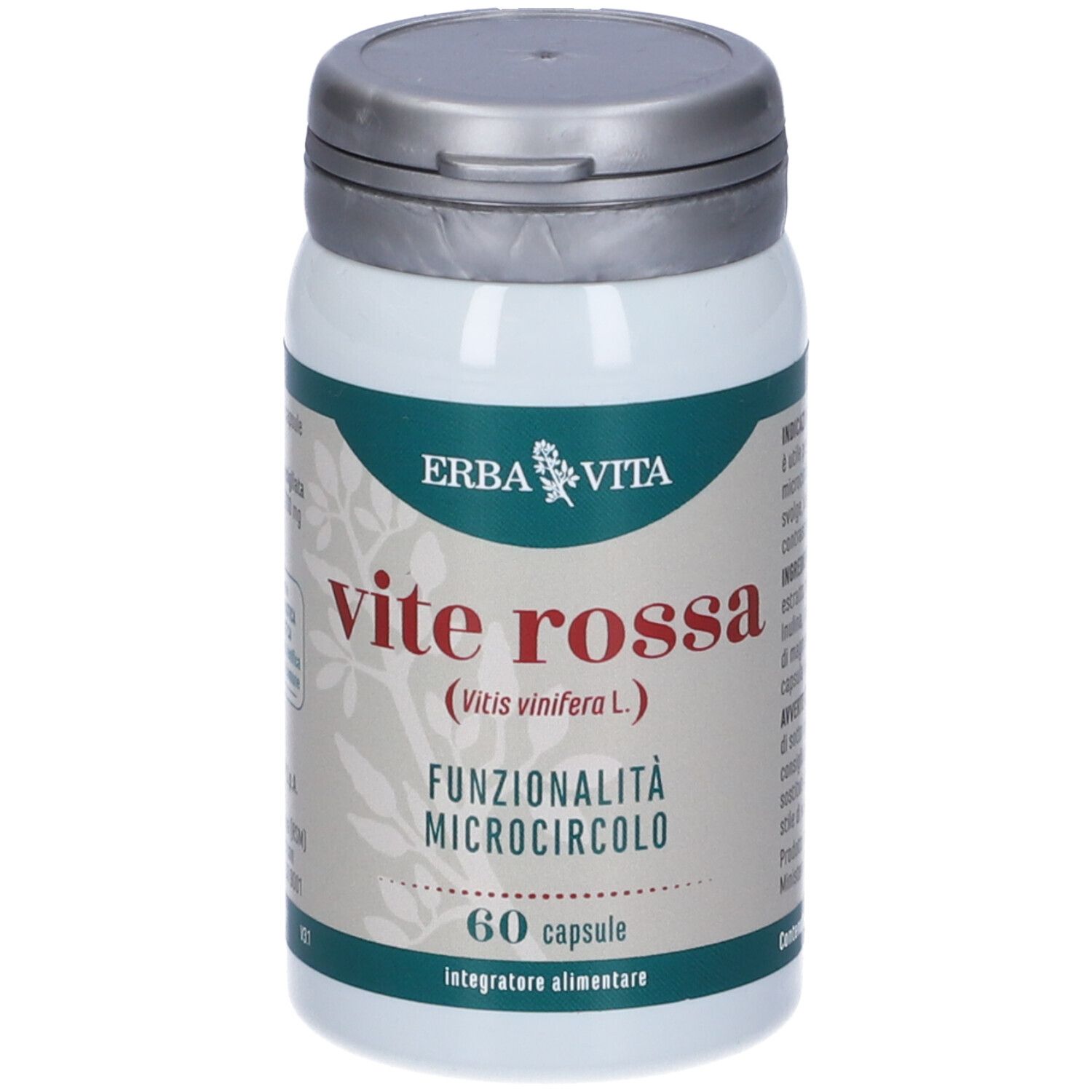 Weiße Dose mit silbernem Deckel. Aufschrift "Vite Rossa" und Logo. Enthält 60 Kapseln.