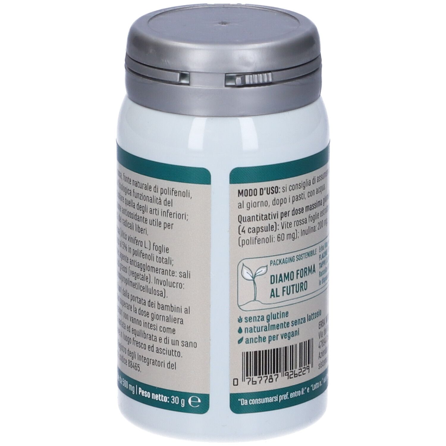 Weiße Dose, silberner Deckel. Text mit Inhaltsangaben und Anwendungshinweisen. "ERBA VITA"-Logo.