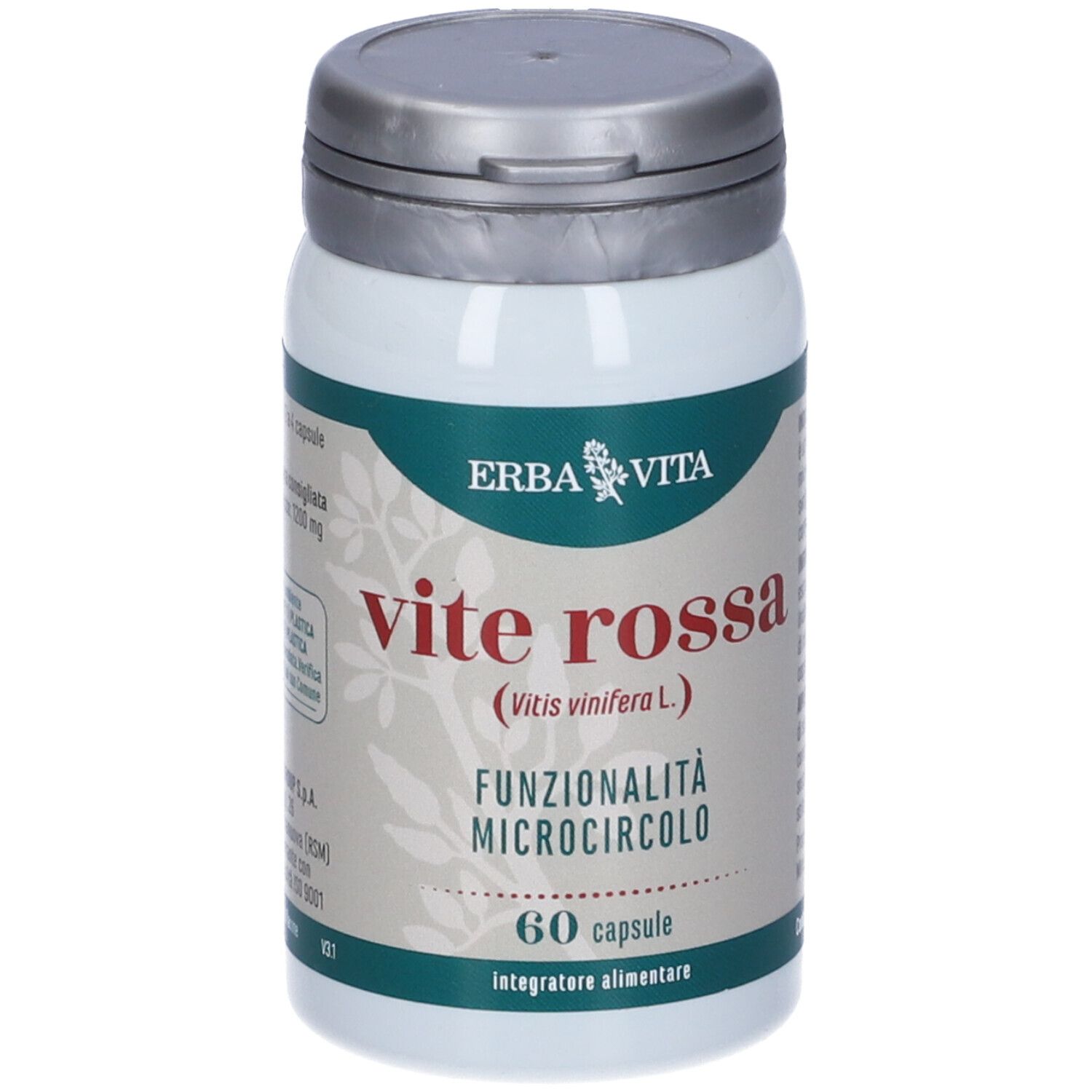 Weiße Dose, silberner Deckel. Aufschrift "Vite Rossa", 60 Kapseln. "ERBA VITA"-Logo.