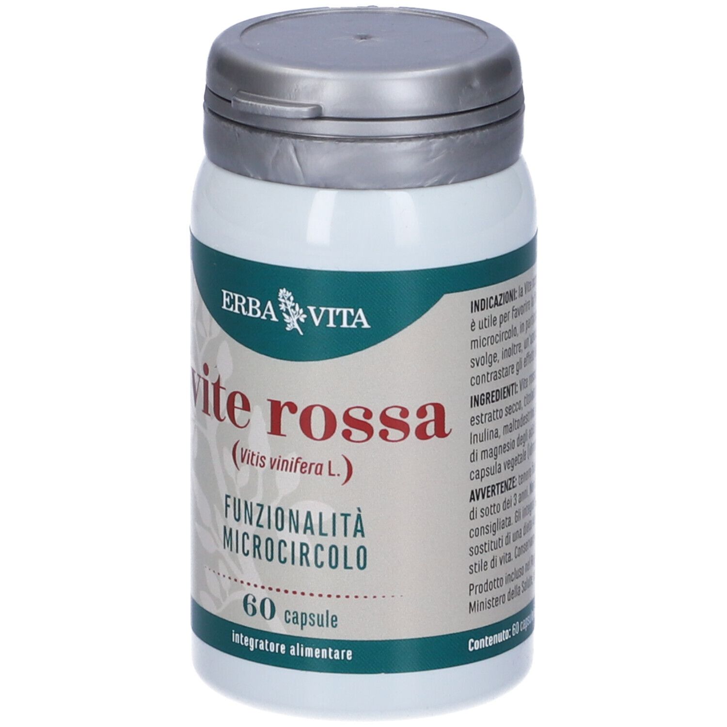Weiße Dose, silberner Deckel. Aufschrift "Vite Rossa", 60 Kapseln. "ERBA VITA"-Logo.