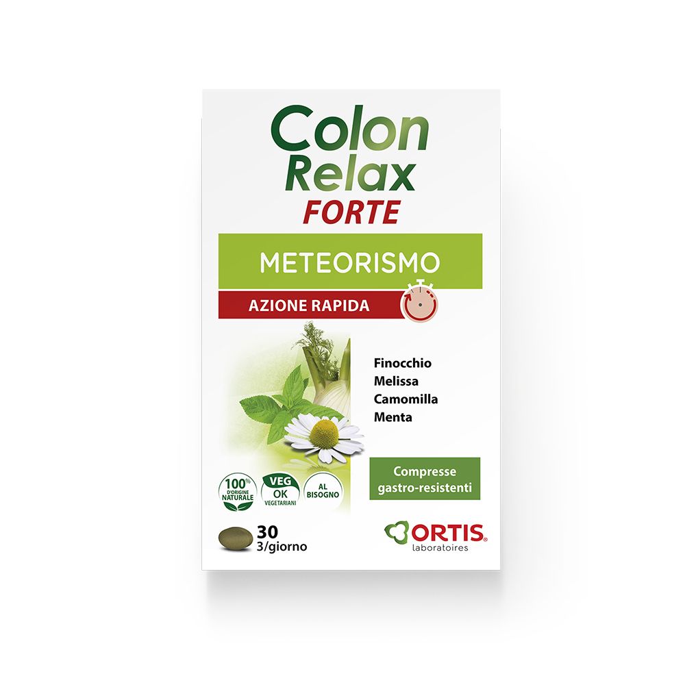 Boîte de Colon Relax Forte. Emballage vert et blanc avec nom et ingrédients. 30 comprimés, 3/jour. Logo Ortis.