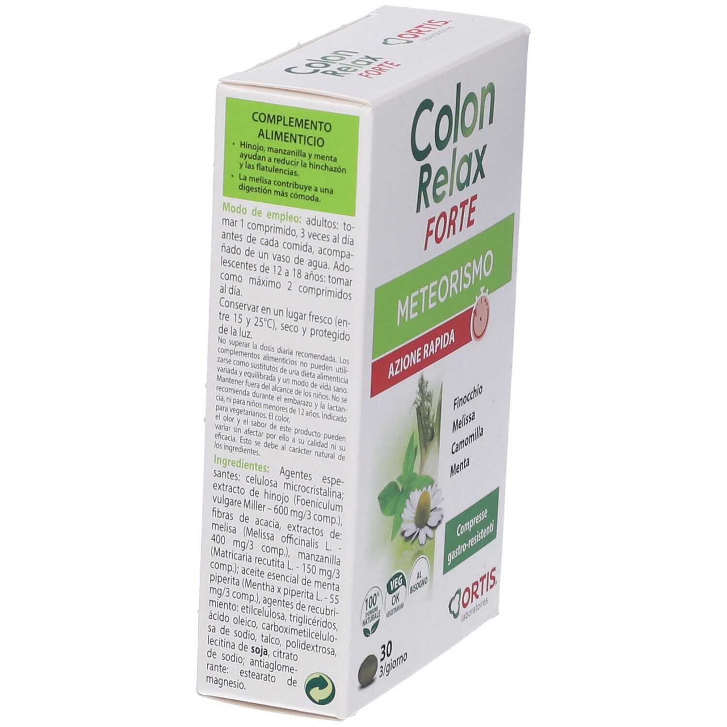 Boîte Colon Relax Forte en biais. Nom, ingrédients, 30 comprimés. Logo Ortis. Texte sur le côté.