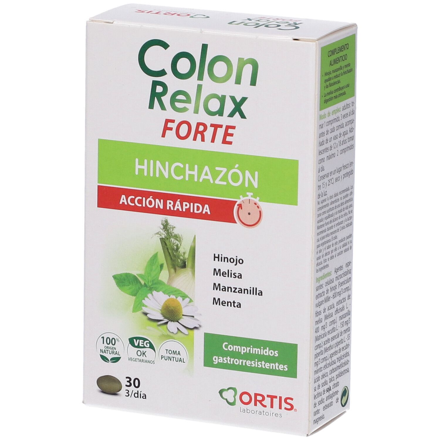 Boîte Colon Relax Forte en biais. Nom, ingrédients, 30 comprimés. Logo Ortis. Texte sur le côté.