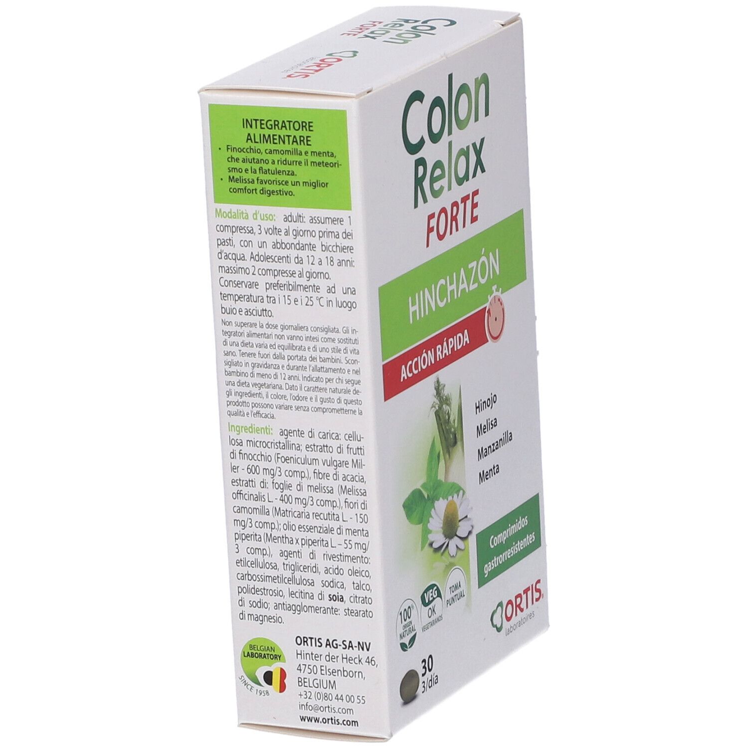 Boîte Colon Relax Forte en biais. Nom, ingrédients, 30 comprimés. Logo Ortis. Texte sur le côté.