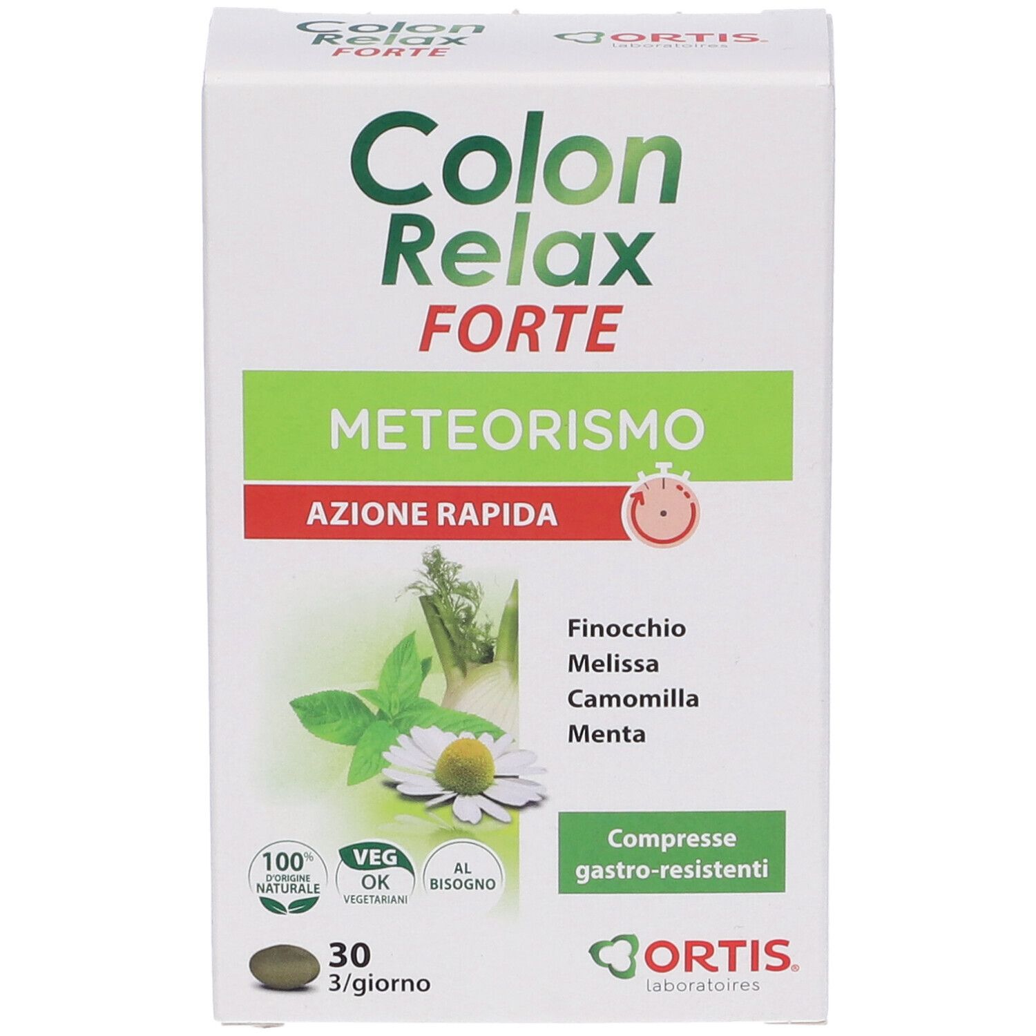 Boîte Colon Relax Forte en biais. Nom, ingrédients, 30 comprimés. Logo Ortis. Texte sur le côté.