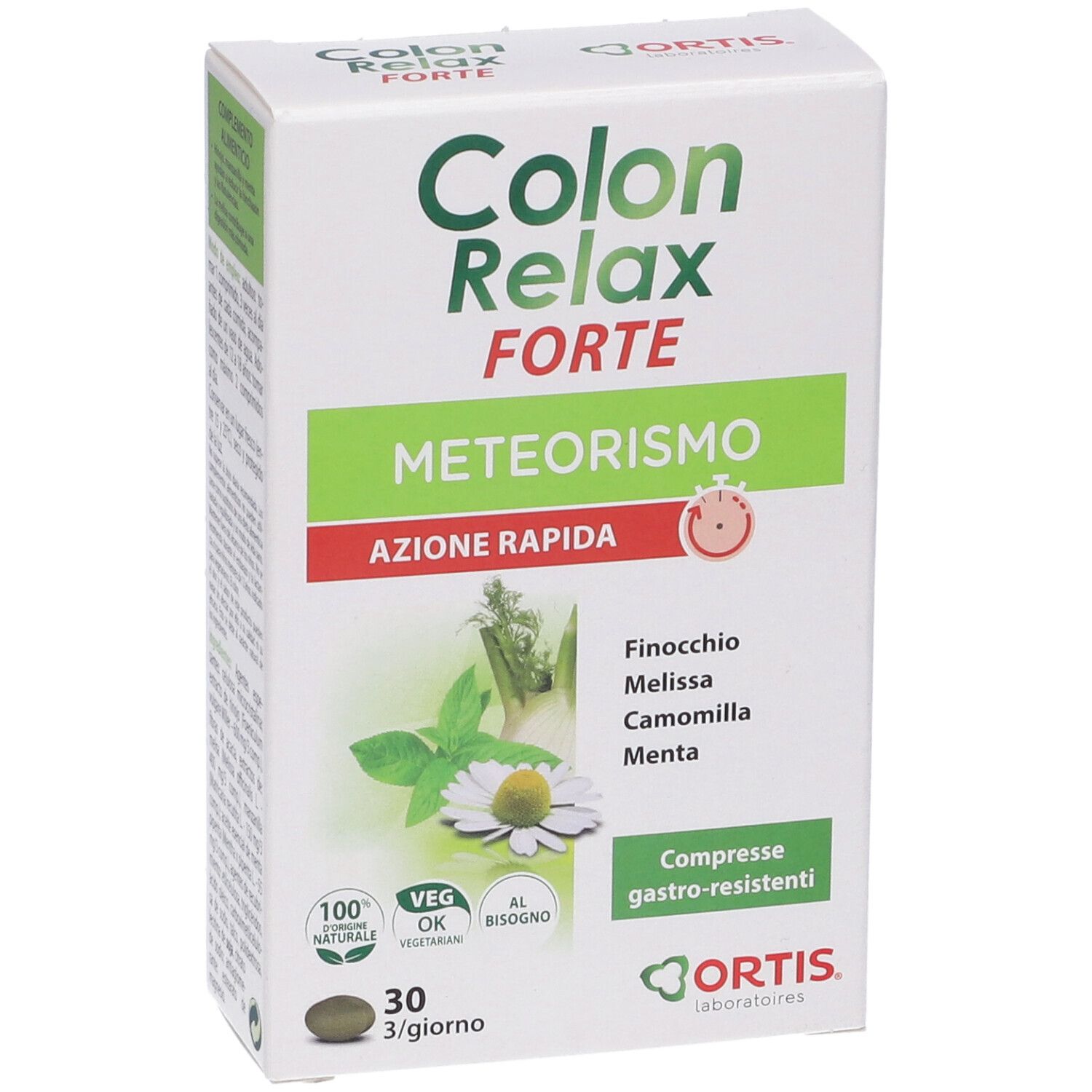 Boîte Colon Relax Forte en biais. Nom, ingrédients, 30 comprimés. Logo Ortis. Texte sur le côté.