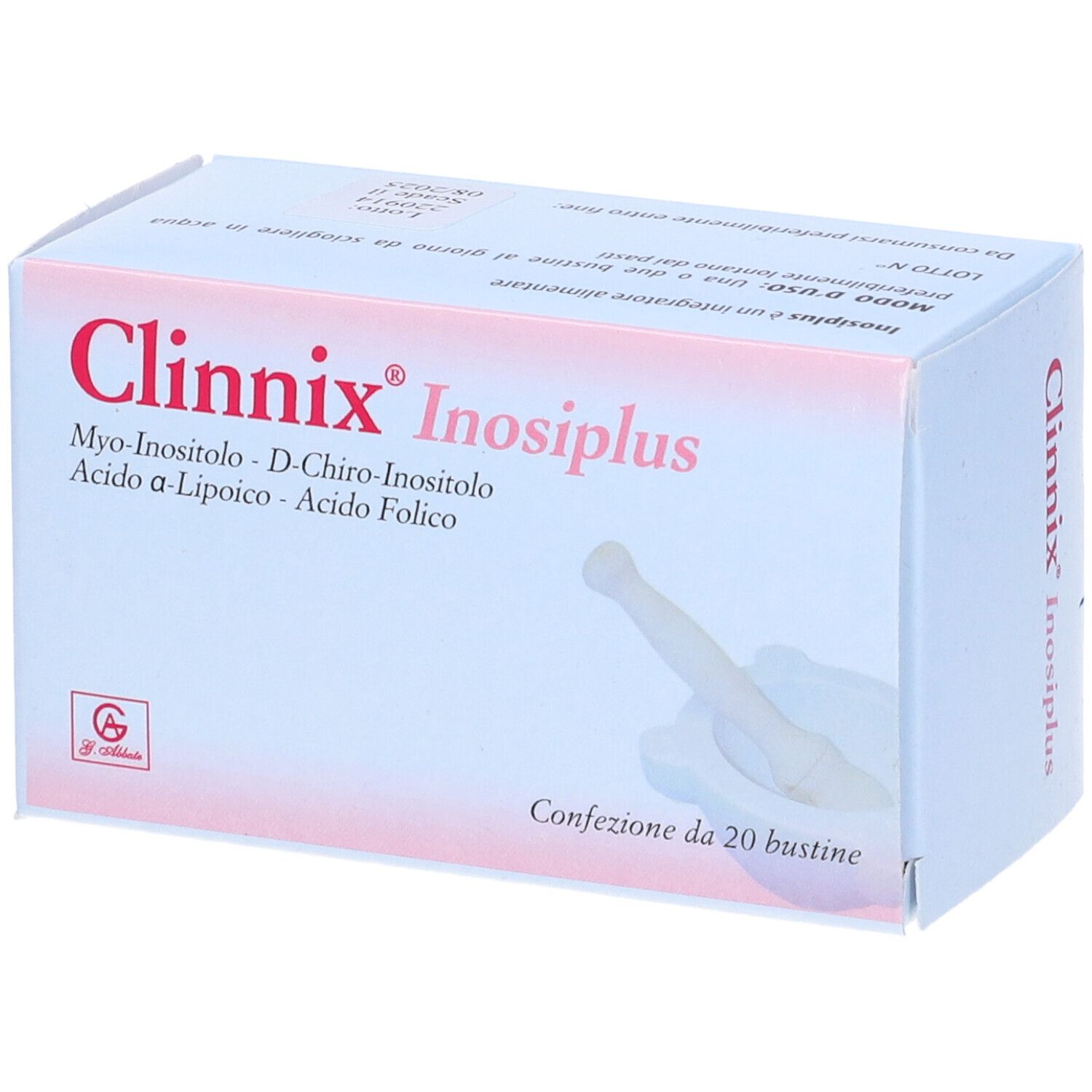 Boîte de Clinnix Inosiplus. Inscriptions : Myo-Inositolo, D-Chiro-Inositolo, Acido a-Lipoico, Acido Folico. Contient 20 sachets.