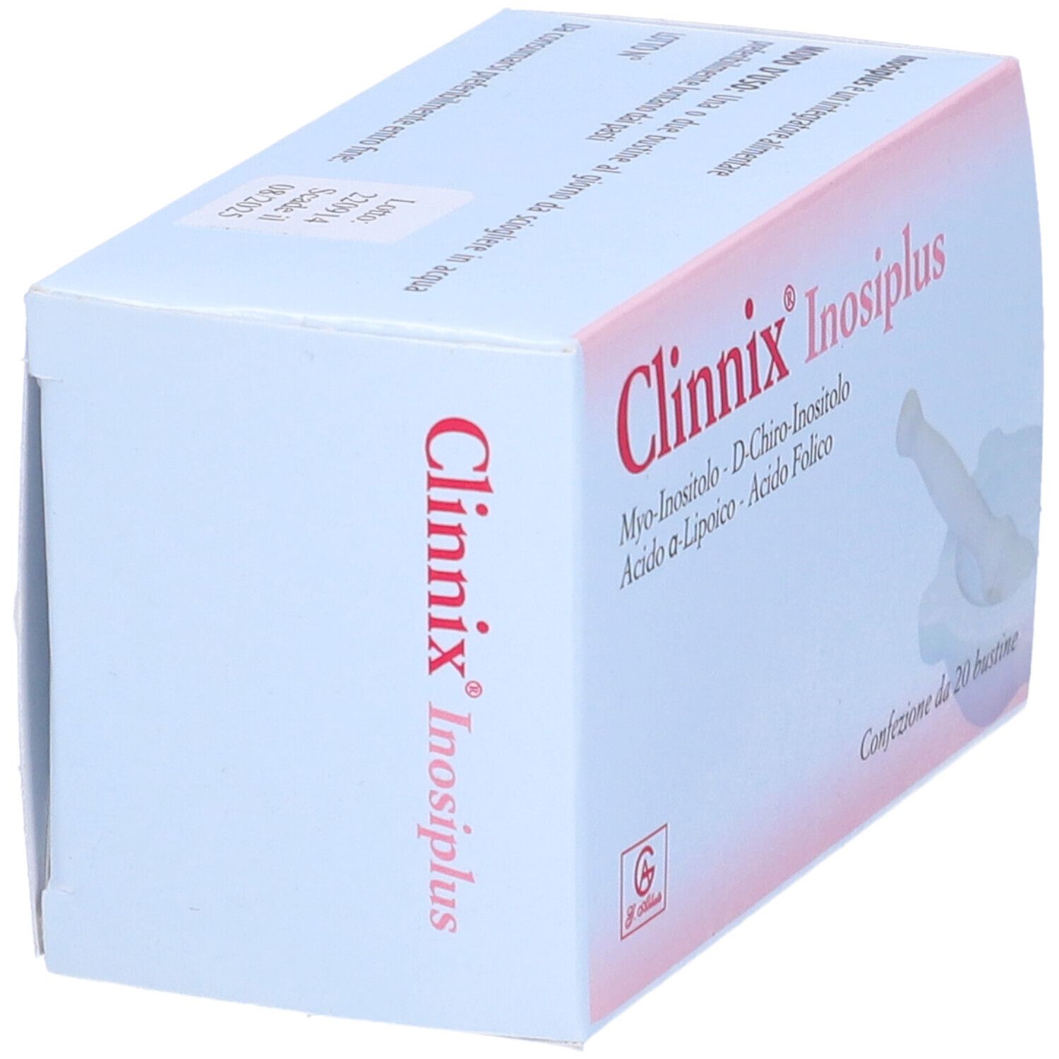 Vue en biais de la boîte Clinnix Inosiplus. Inscriptions : Myo-Inositolo, D-Chiro-Inositolo, Acido a-Lipoico, Acido Folico. 20 sachets.