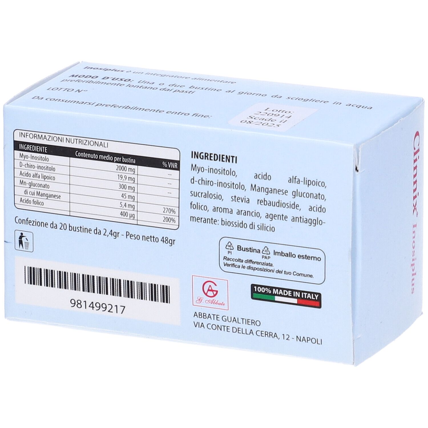 Dos de la boîte Clinnix Inosiplus. Contient des informations nutritionnelles et des ingrédients. Fabriqué en Italie.