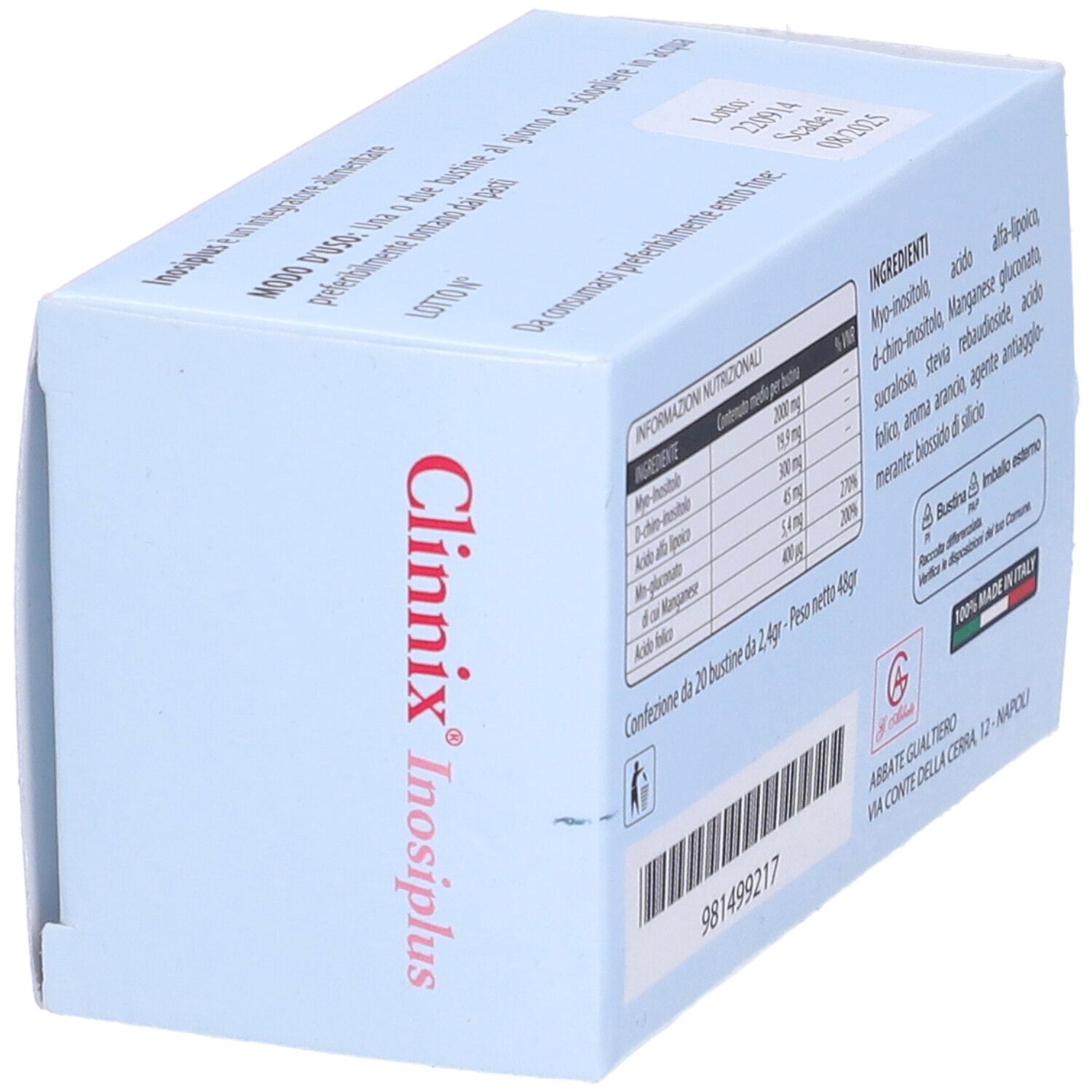 Vue en biais du dos de la boîte Clinnix Inosiplus. Contient des informations nutritionnelles et des ingrédients. Fabriqué en Italie.