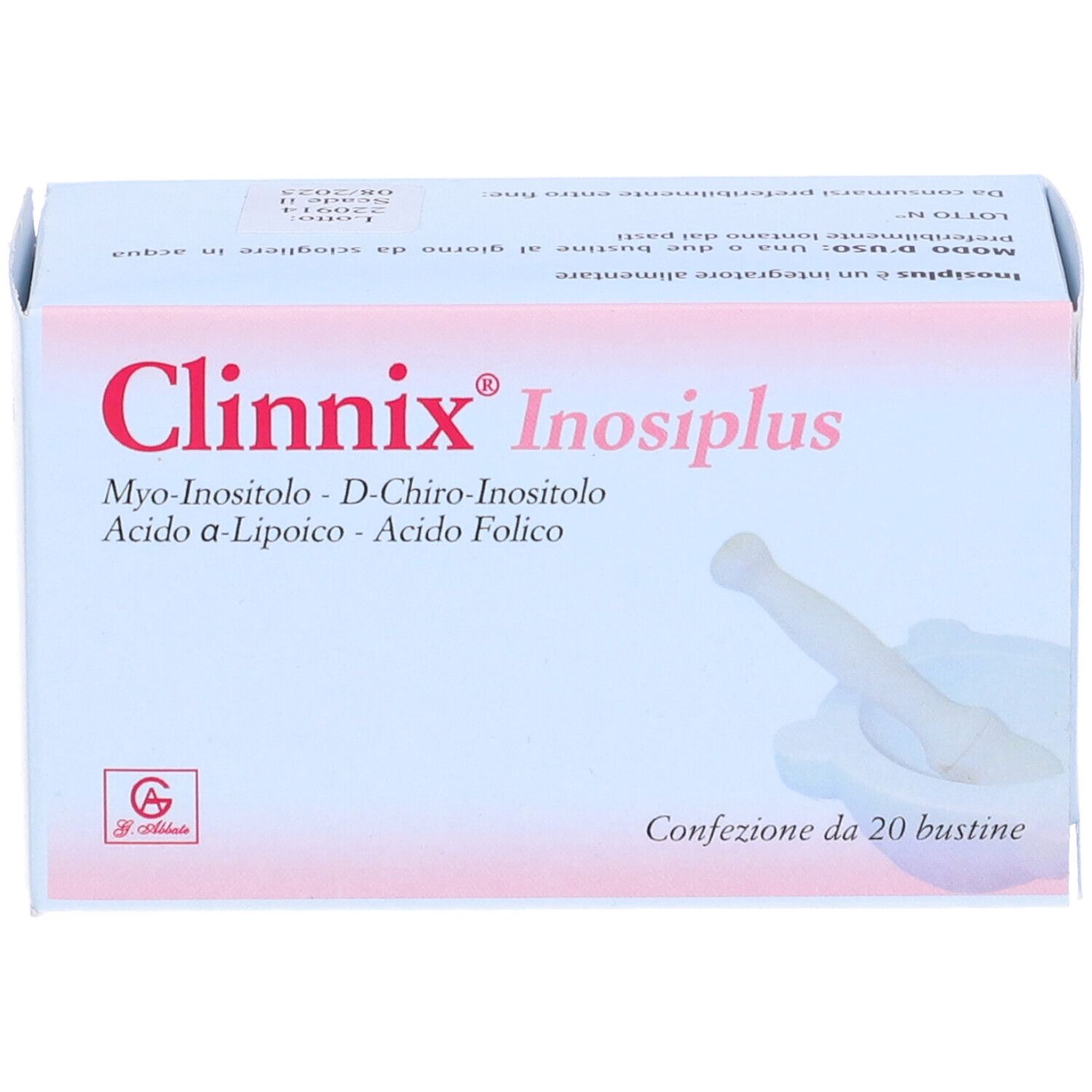 Face avant de la boîte Clinnix Inosiplus. Inscriptions : Myo-Inositolo, D-Chiro-Inositolo, Acido a-Lipoico, Acido Folico. 20 sachets.