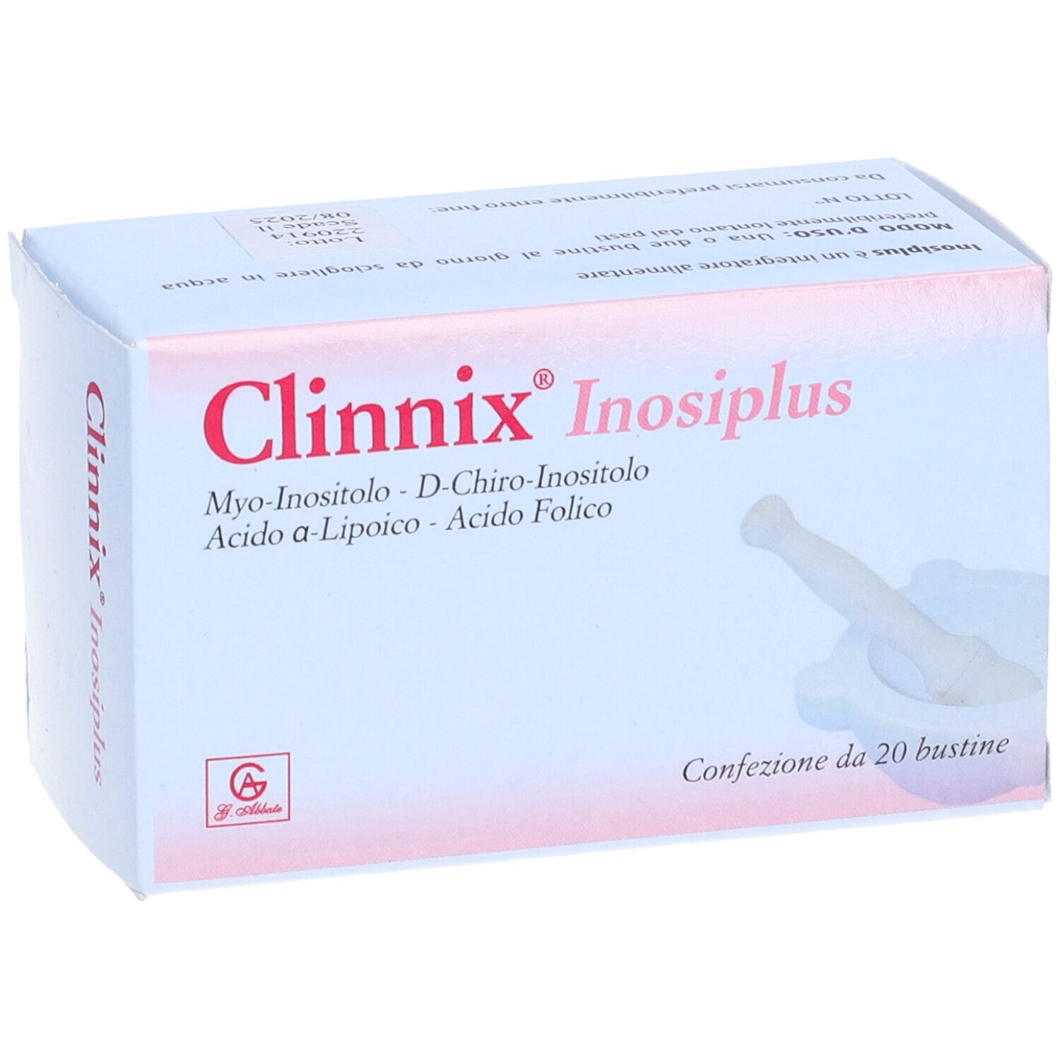 Face avant de la boîte Clinnix Inosiplus. Inscriptions : Myo-Inositolo, D-Chiro-Inositolo, Acido a-Lipoico, Acido Folico. 20 sachets.
