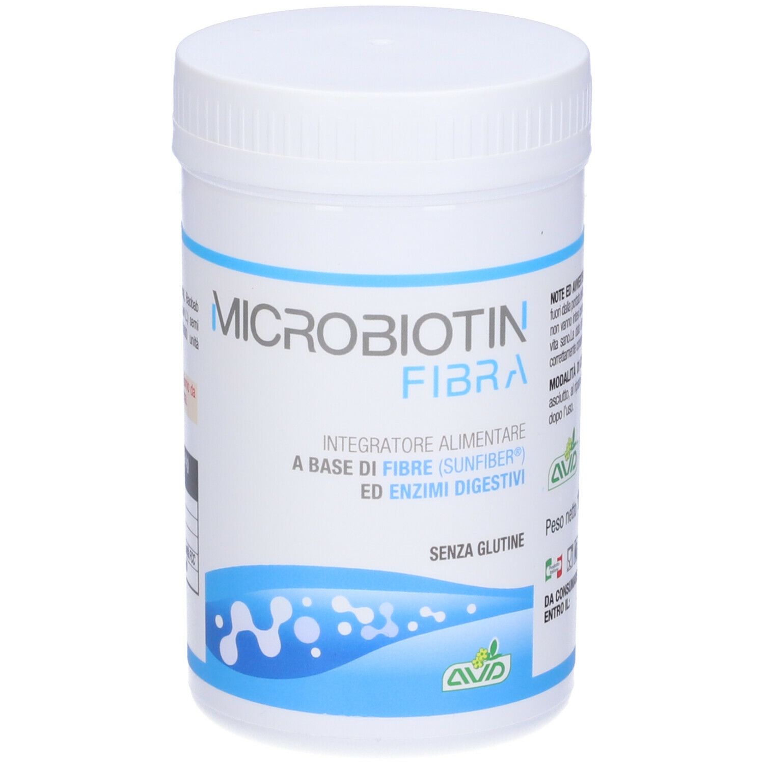 Pot blanc avec étiquette bleue. Inscription : Microbiotin Fibra. Contient fibres et enzymes. Sans gluten.