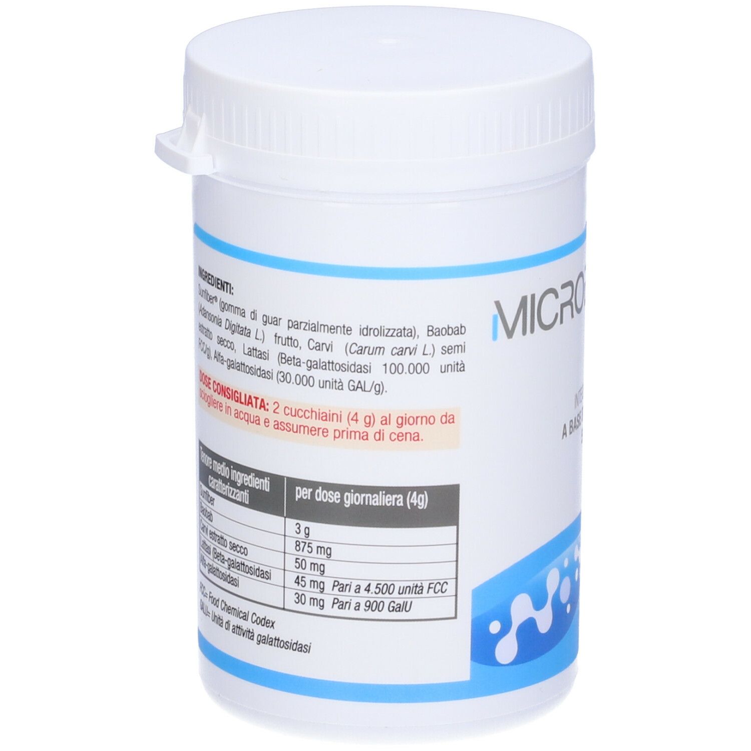 Dos du pot blanc. Liste des ingrédients et informations nutritionnelles. Dosage : 2 cuillères (4g) par jour.