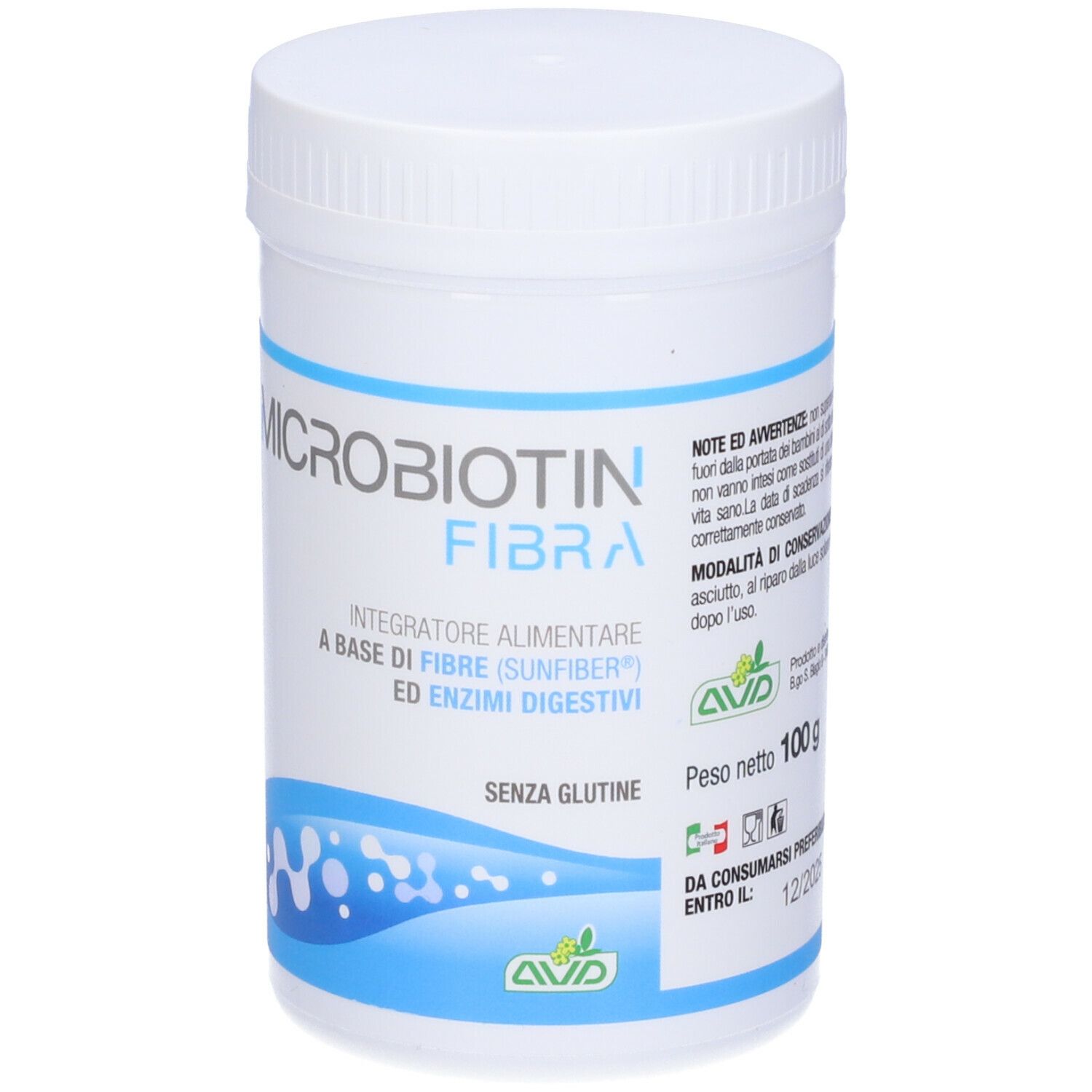 Pot blanc avec étiquette bleue. Inscription : Microbiotin Fibra. Contient fibres et enzymes. Sans gluten. Poids : 100g.