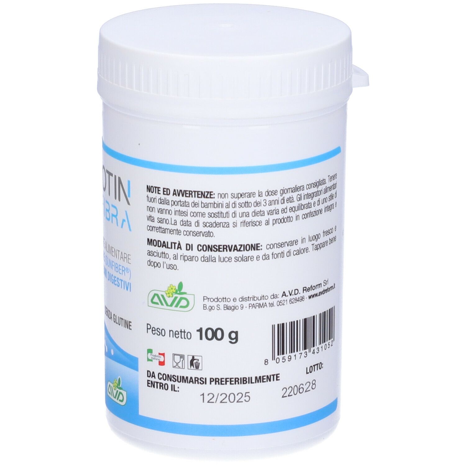 Pot blanc avec étiquette bleue. Inscription : Microbiotin Fibra. Poids : 100g. A consommer de préférence avant 12/2025. Numéro de lot.