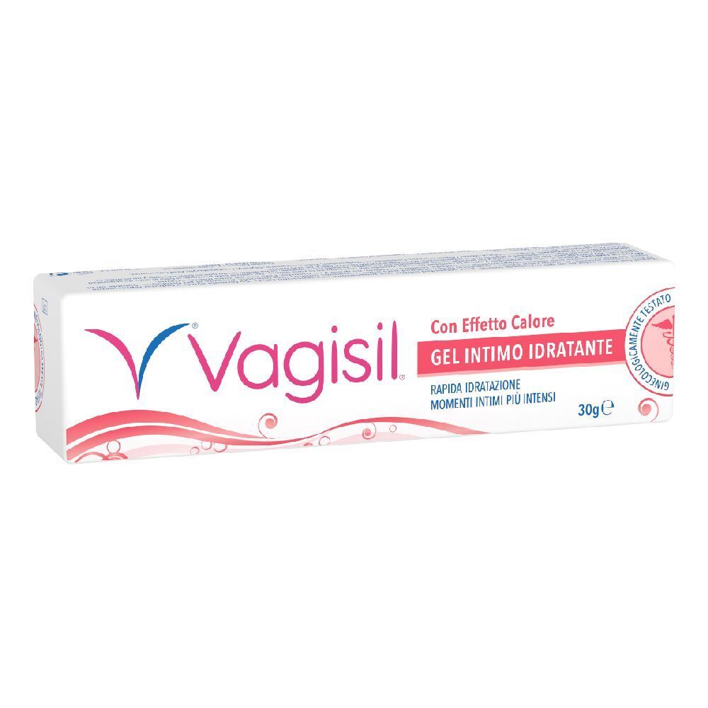 Weiße Schachtel mit Vagisil-Logo und Produktbezeichnung. Text: Gel Intimo Idratante Con Effetto Calore. 30g.