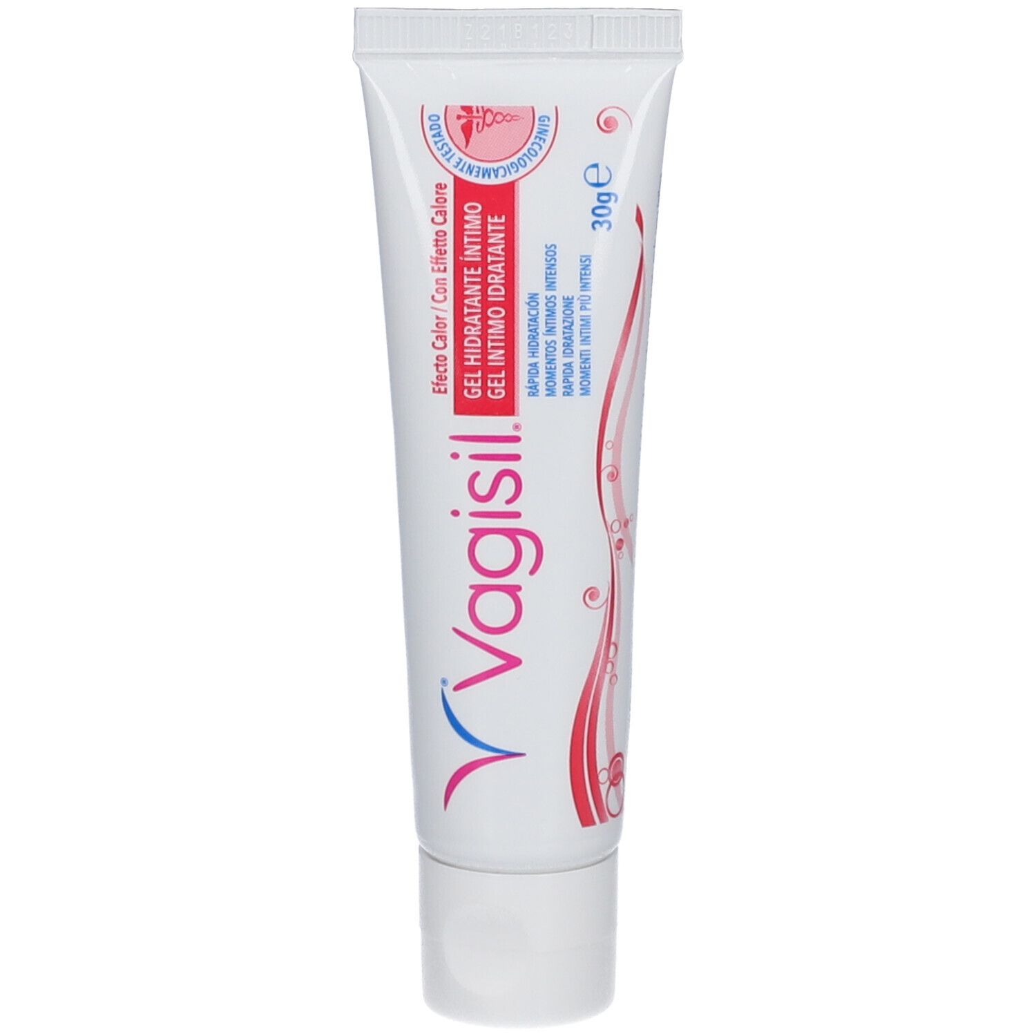 Weiße Tube mit Vagisil-Logo und Produktbezeichnung. Text: Gel Intimo Idratante Con Effetto Calore. 30g.