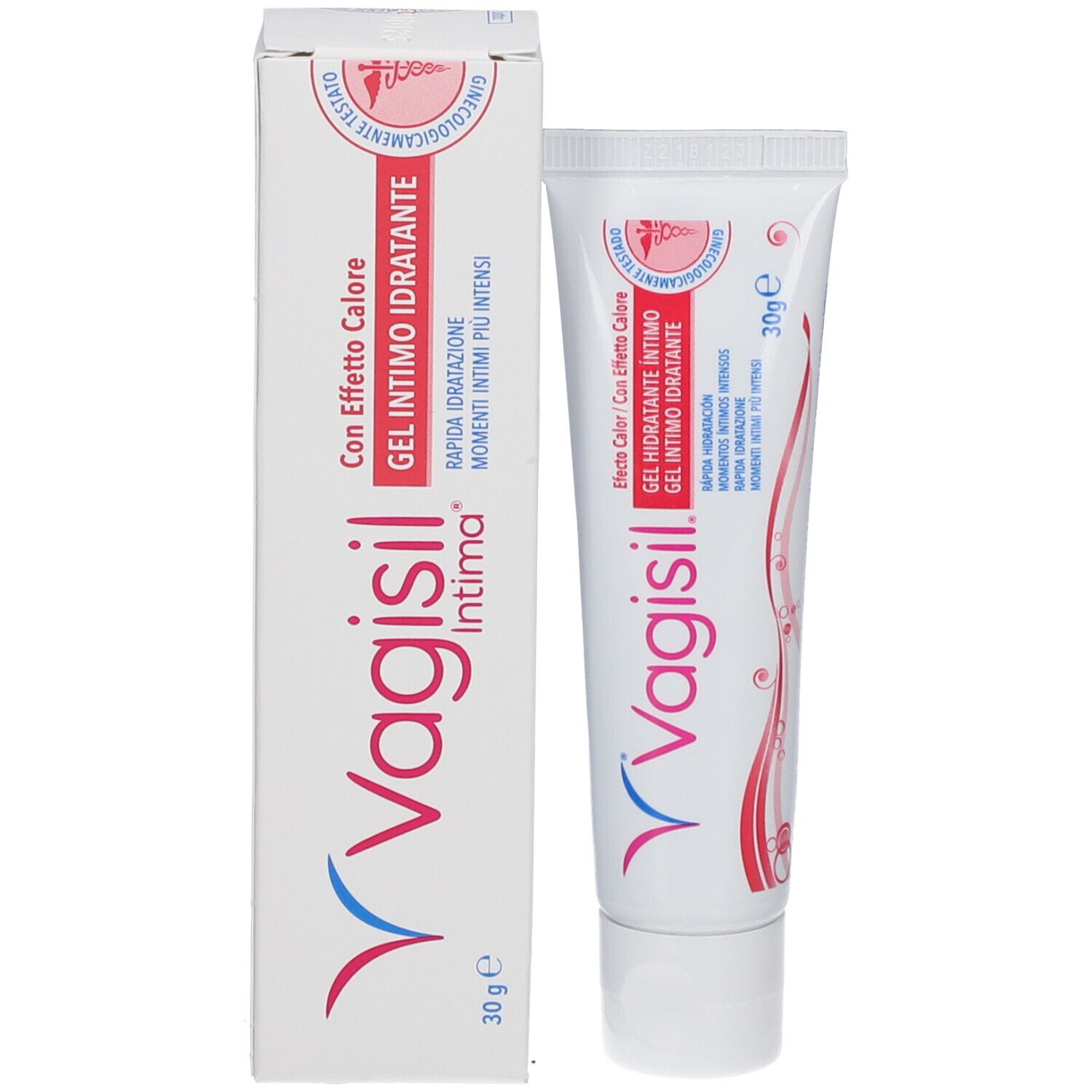 Vagisil Intima-Produktverpackung. Tube und Schachtel. Text: Gel Intimo Idratante Con Effetto Calore. 30g.
