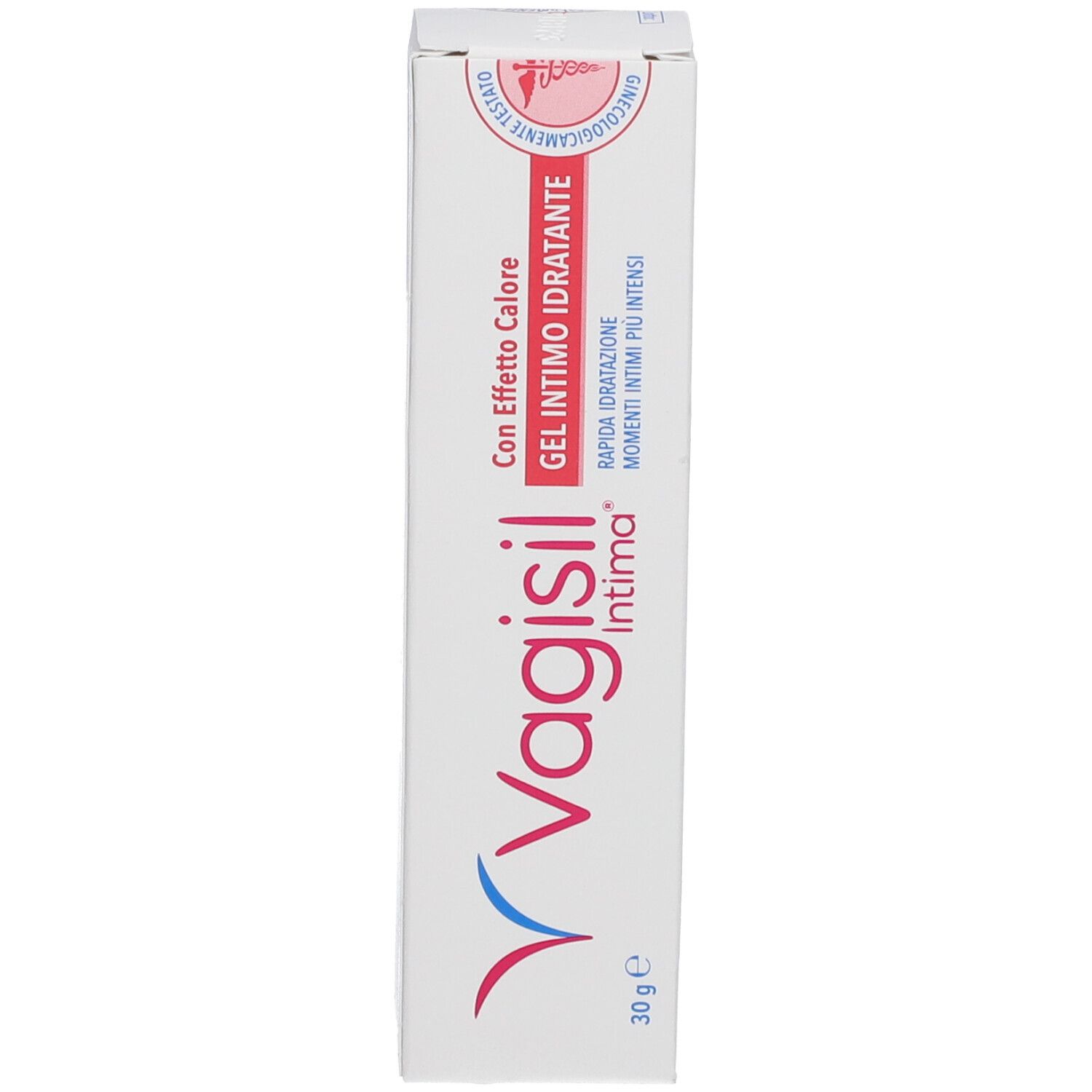 Weiße Schachtel mit Vagisil Intima-Logo und Produktbezeichnung. Text: Gel Intimo Idratante Con Effetto Calore. 30g.