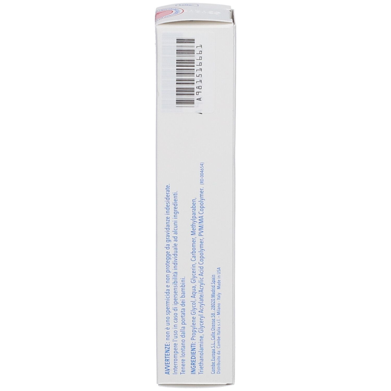 Rückseite der weißen Schachtel. Text und Barcode. Inhaltsstoffe und Herstellerinformationen.