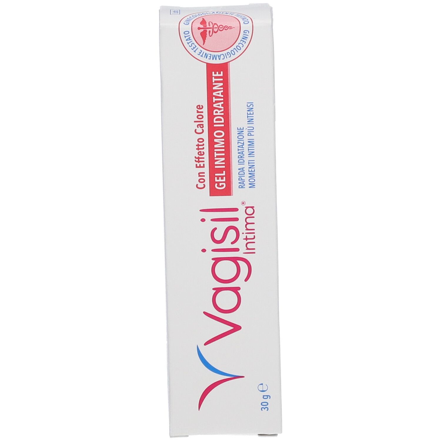 Weiße Schachtel mit Vagisil Intima-Logo und Produktbezeichnung. Text: Gel Intimo Idratante Con Effetto Calore. 30g.