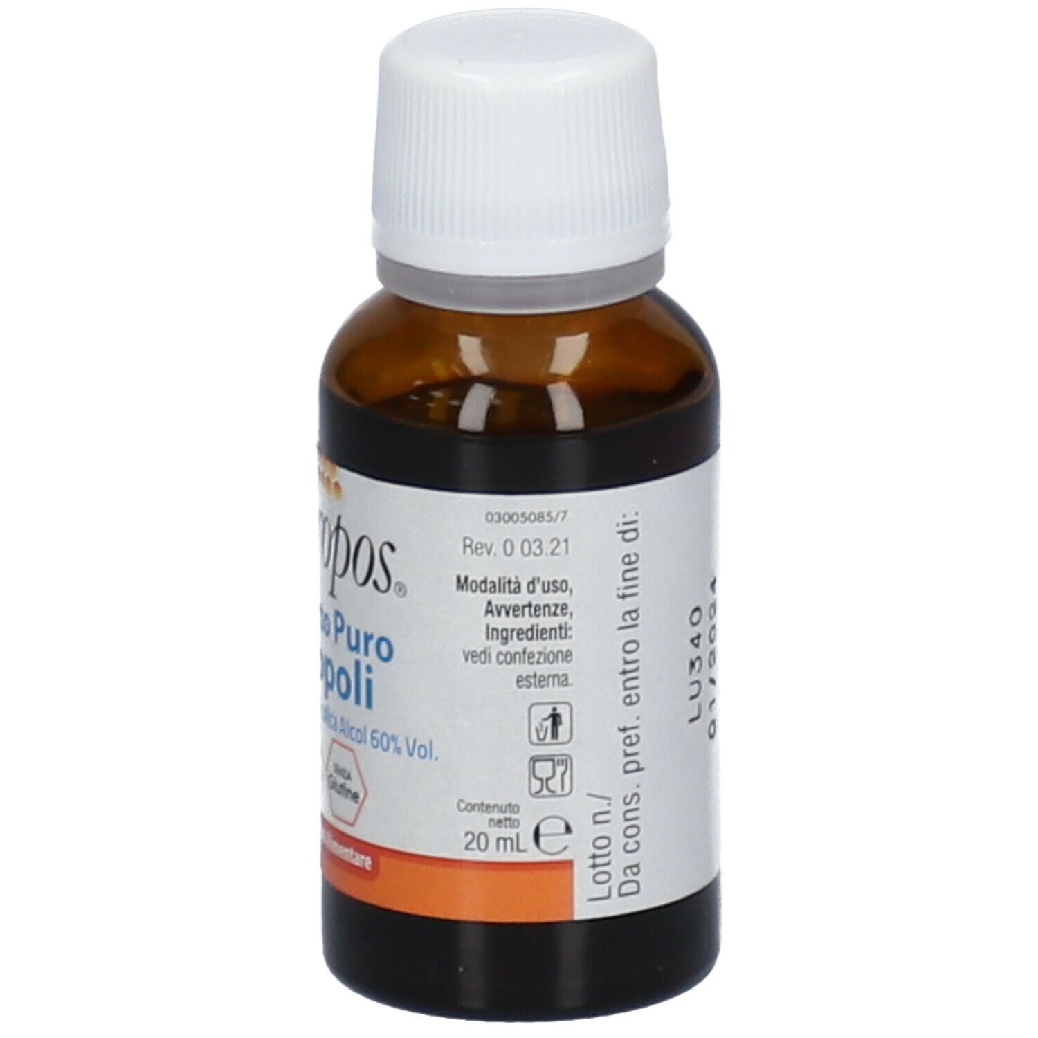 Flacon en verre brun avec bouchon blanc. Étiquette avec informations, 20 ml.