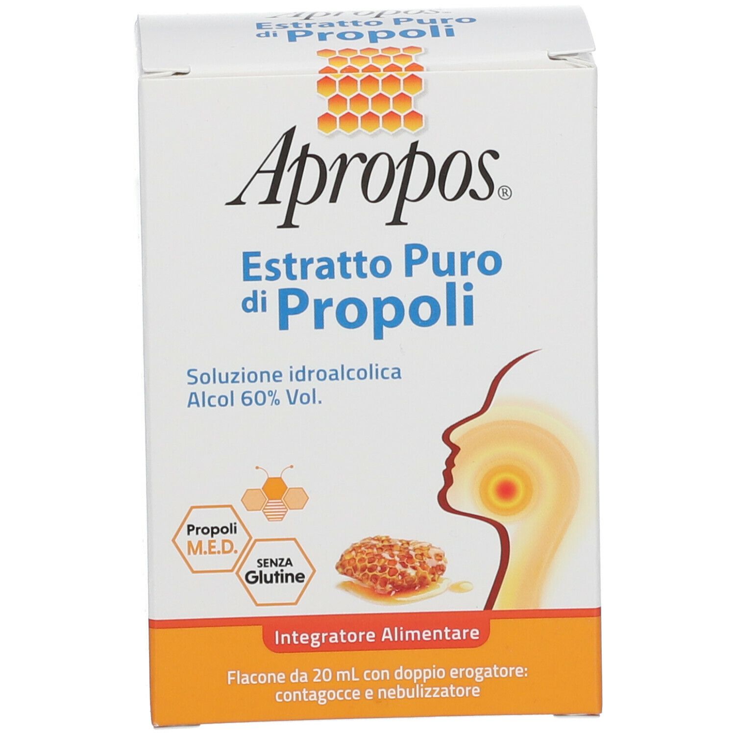 Emballage. Inscription : APROPOS Estratto Puro di Propoli. Contient 20 ml, avec vaporisateur et compte-gouttes.