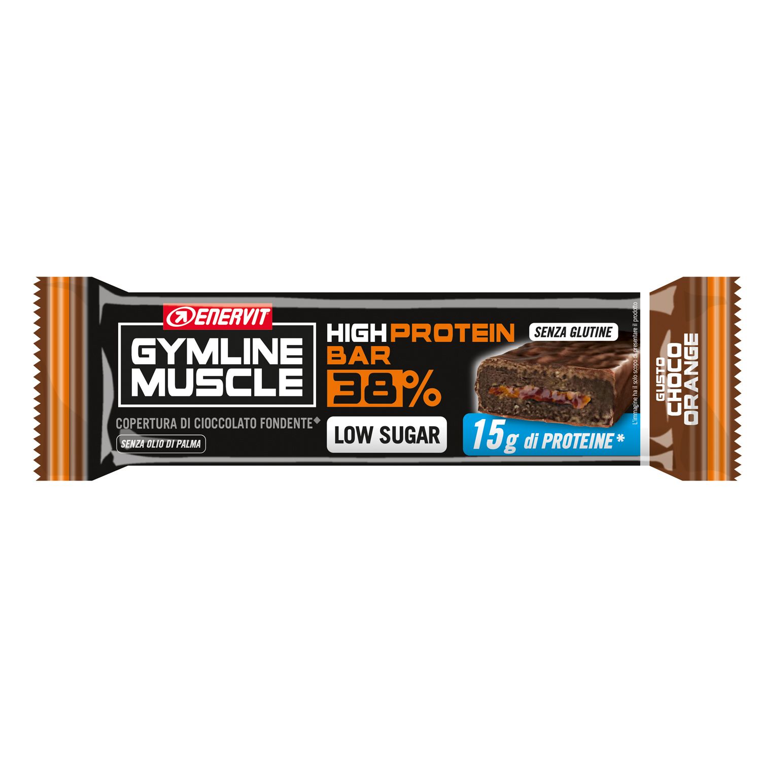 Barre protéinée emballée. Emballage noir avec accents orange. Texte: Gymline Muscle, High Protein Bar, Choco Orange.