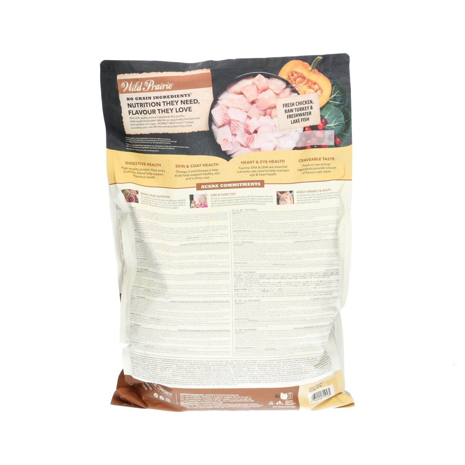 ACANA Wild Prairie Katzenfutter Rückseite: Ohne Getreide, mit frischem Huhn, Pute und Fisch. Unterstützt Gesundheit, Fell und Augen.