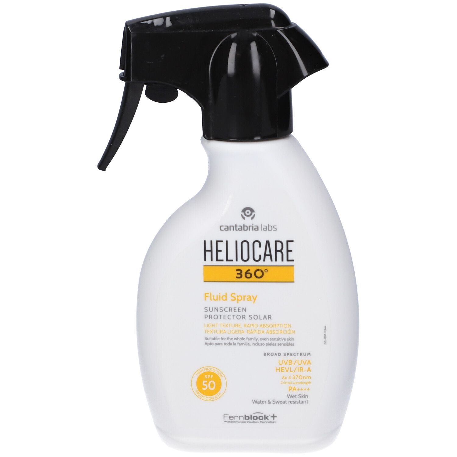 Heliocare 360° Fluid Spray SPF50 Sonnenschutz mit Breitbandschutz. Weiße Sprühflasche mit schwarzem Sprühkopf.
