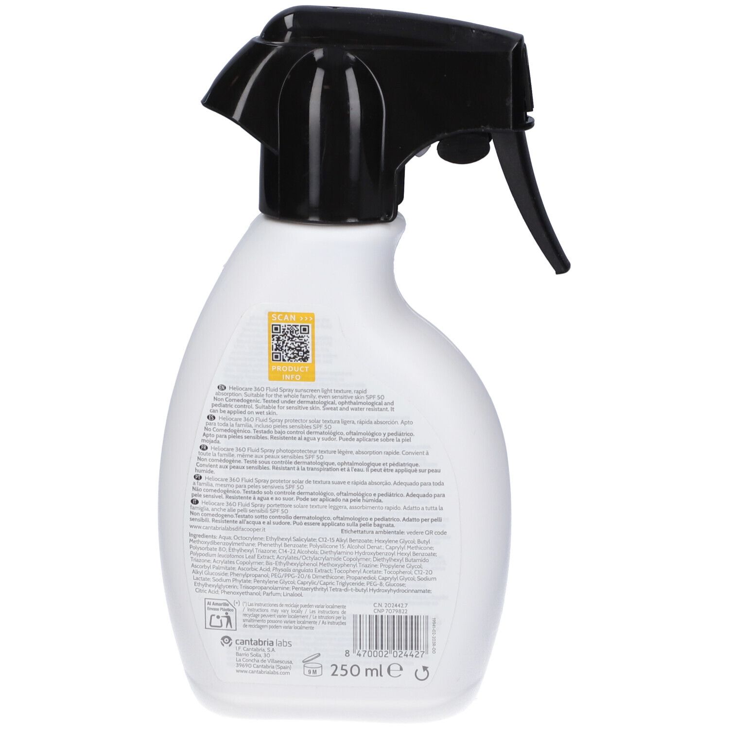 Rückseite des Heliocare 360° Fluid Spray SPF50. Enthält Produktinformationen und QR-Code. 250 ml.